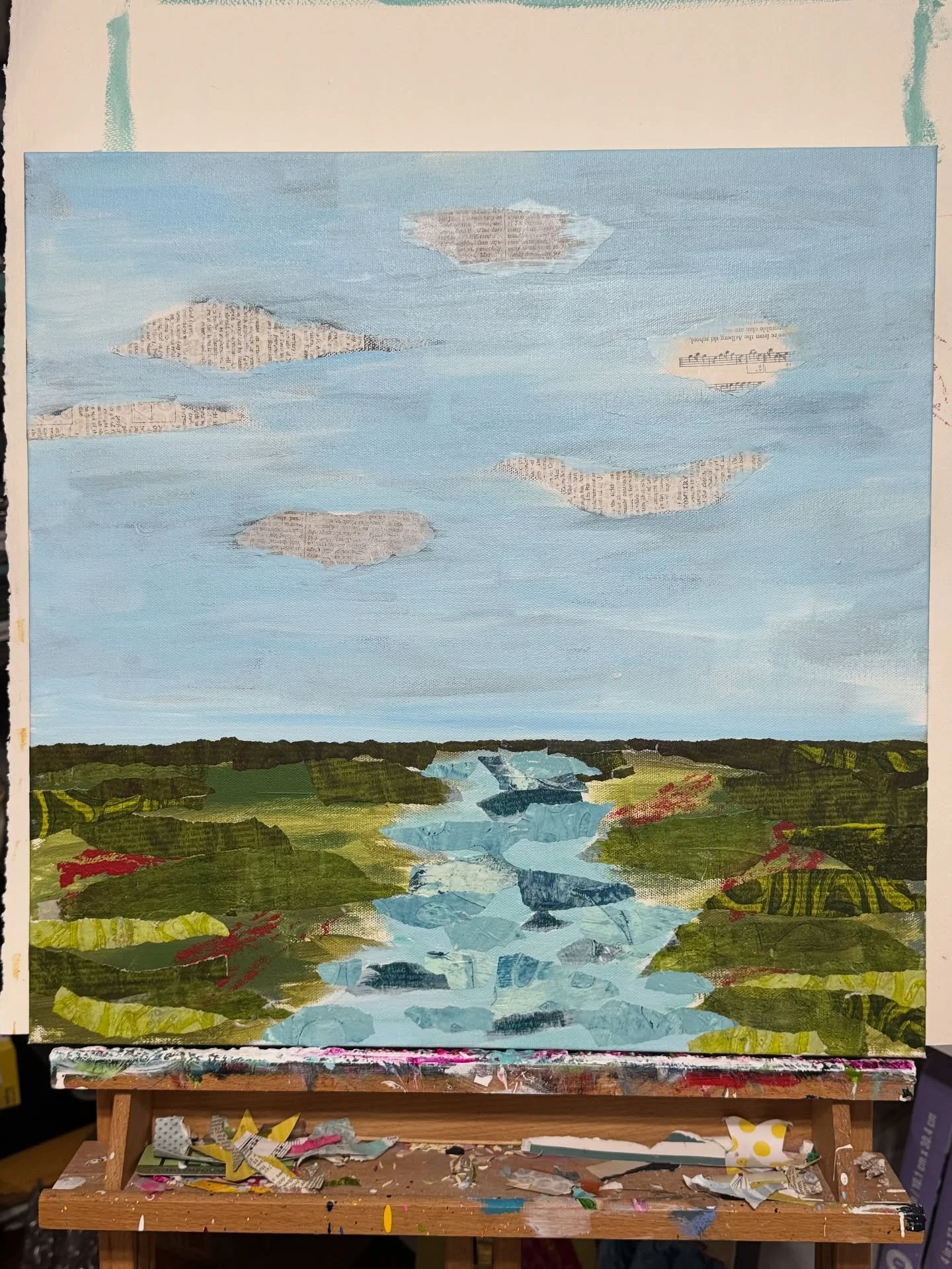Inspired by a quick trip over to St. Augustine. Florida Marsh in progress.

#workinprogress #onmyeasel #studioscenes #collage #mixedmedia #gelliprinting #lizsnowdenart