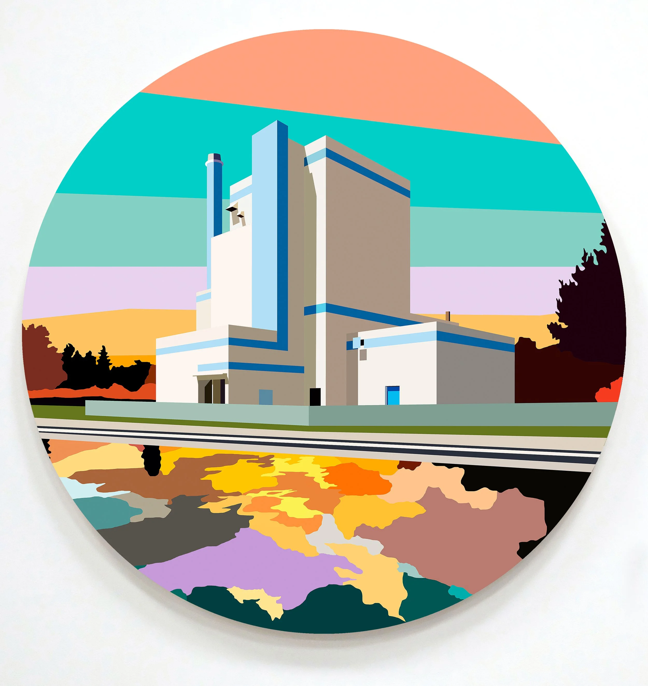 Northern Factory & Orange Sunset - Acrylic on panel - 80 cm diameter.jpg