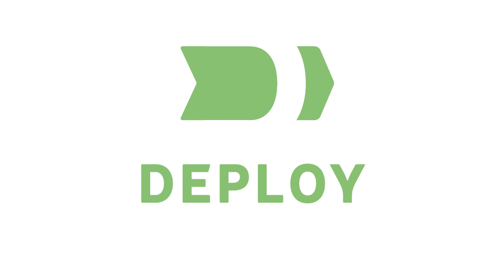 Logo for Deploy Leader Training featuring a stylized 'D' with green and blue ribbon elements, with text 'DEPLOY' in green and 'LEADER TRAINING' in blue underneath.