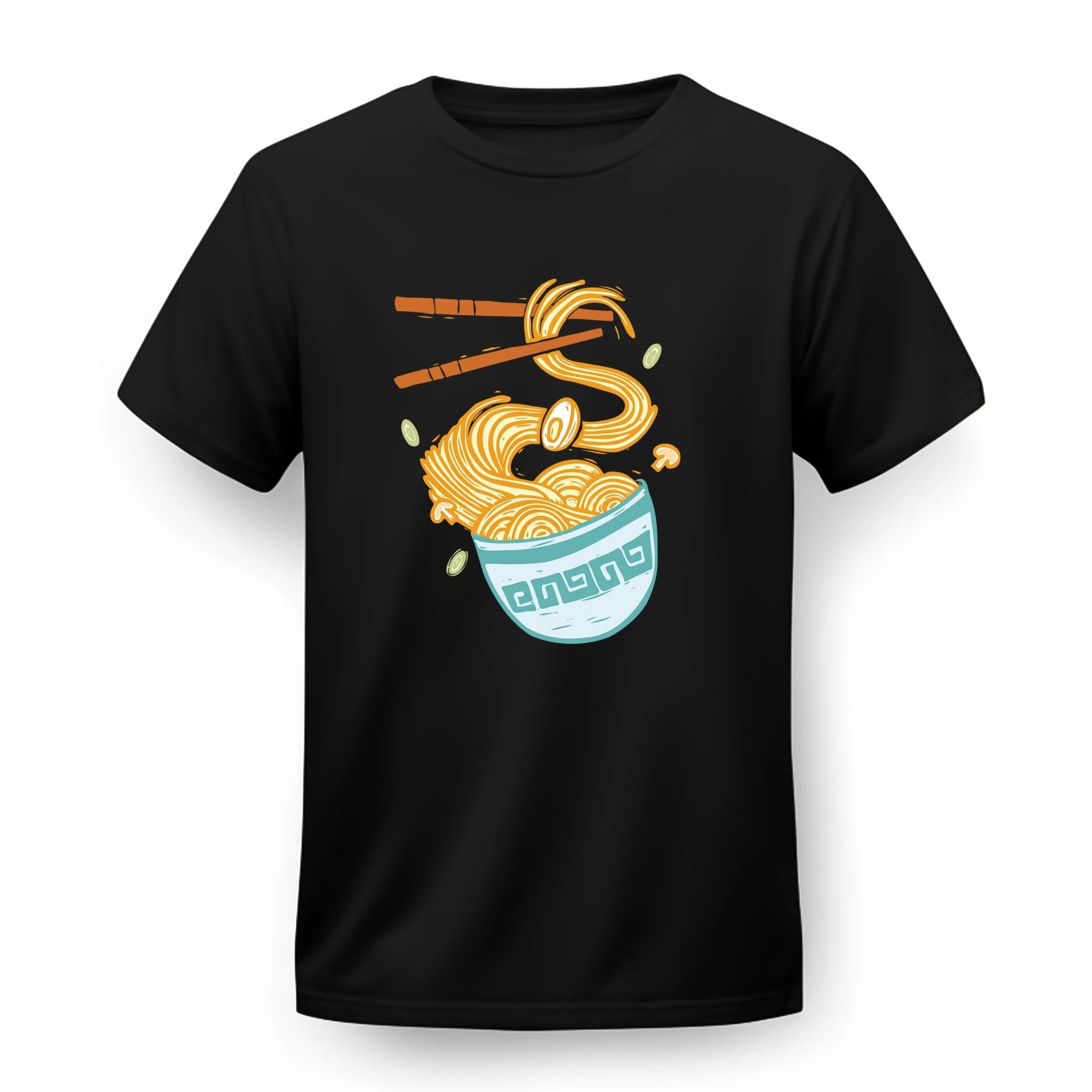 Black T-shirt with colorful graphic of a bowl of noodles, chopsticks, and green onion slices.