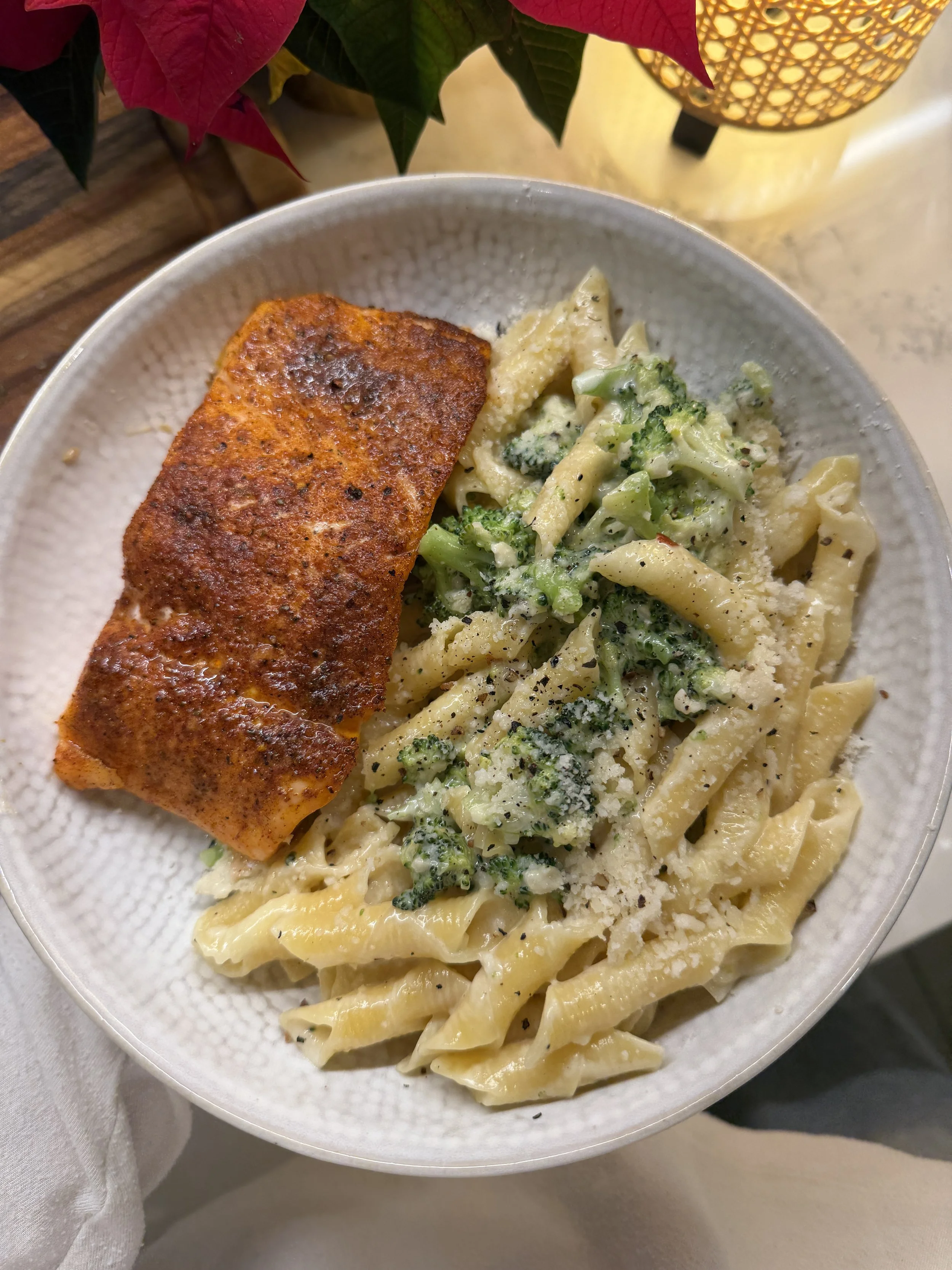 Creamy Broccoli Penne with Baked Salmon