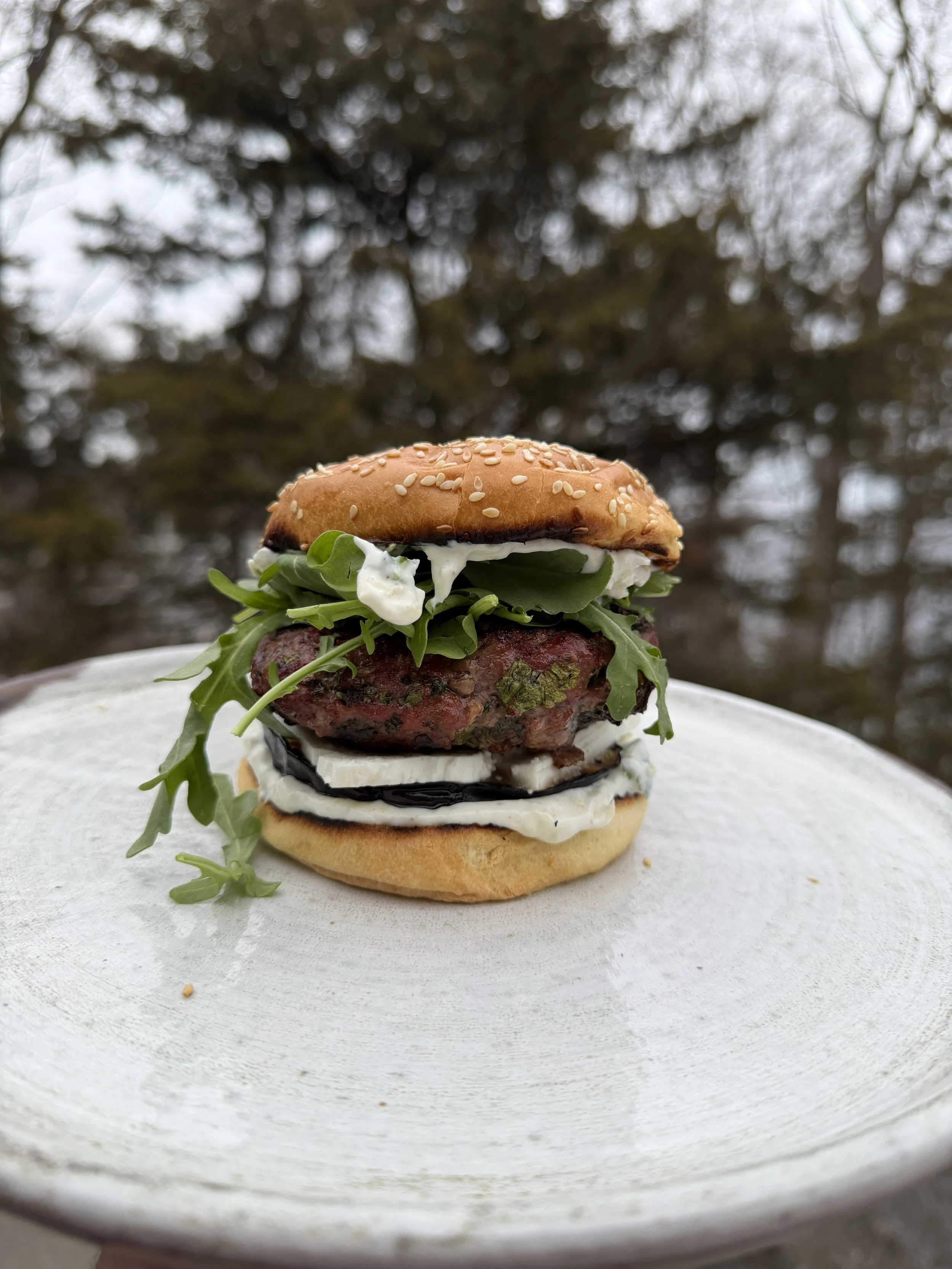 Lamb Burgers with Grilled Eggplant &amp; Herby Yogurt Sauce