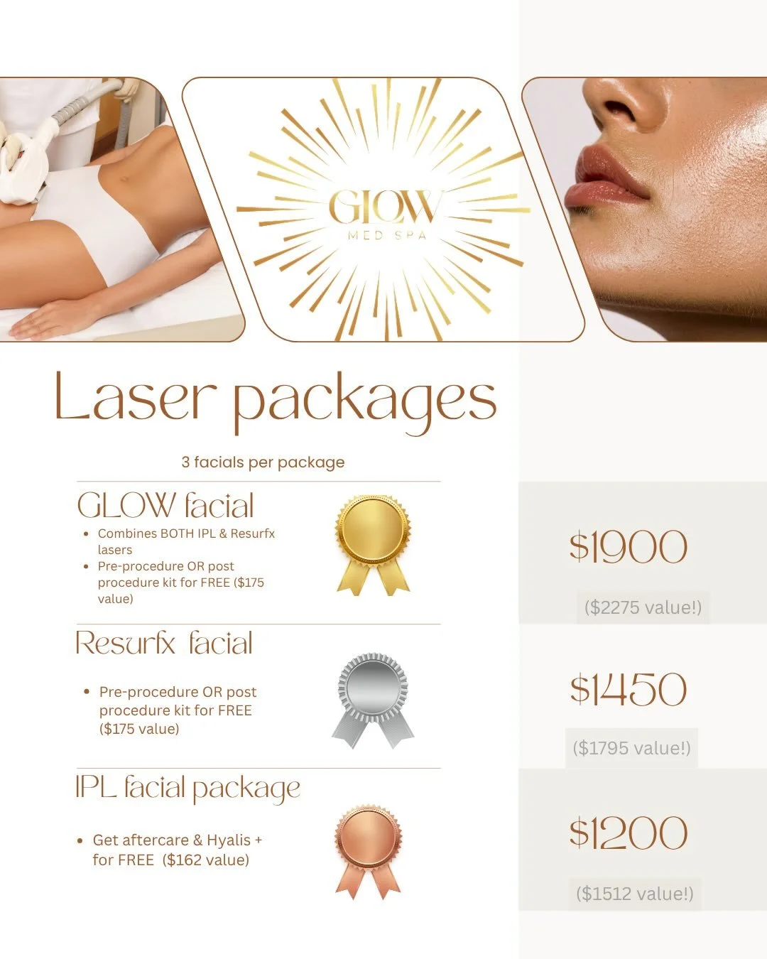 🌟 Unlock Your Best Skin Yet! 🌟

✨ We&rsquo;re excited to introduce our exclusive laser facial packages designed to rejuvenate your skin and enhance your natural glow! ✨ 

Choose from our amazing offerings:

1️⃣ Glow Facial: A perfect combination of