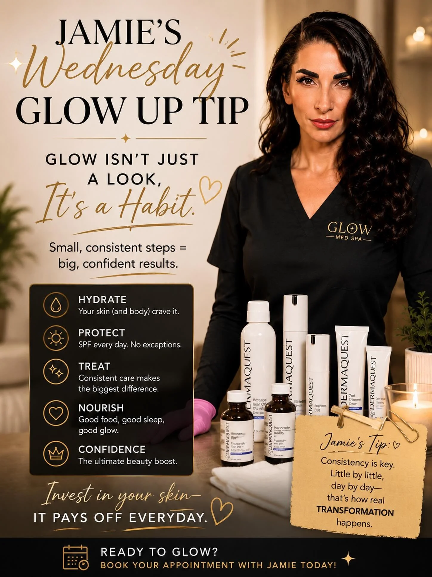 ✨ Jamie&rsquo;s Wednesday Glow Up Tip ✨

Glow isn&rsquo;t just something you see in the mirror. It&rsquo;s something you build through the small choices you make every day.

💧 Hydrate your skin and your body
☀️ Wear your SPF daily
✨ Stay consistent 