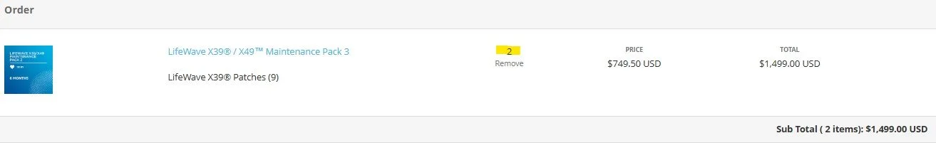 checkout page showing 2 orders of Lifewave X39/X49 Maintenance Pack 3 for a total of $1499. This entail 18 sleeves of patches