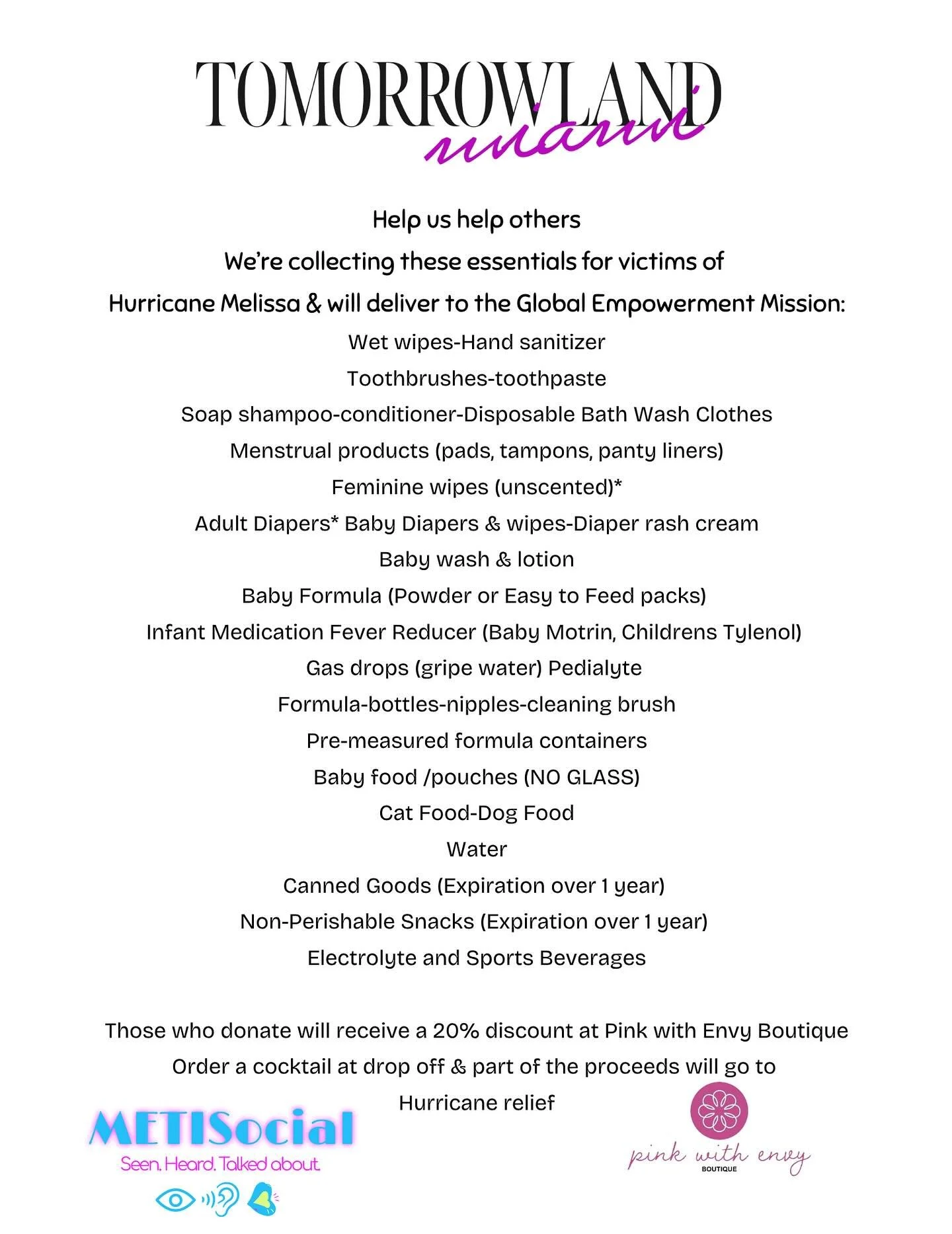 We&rsquo;re collecting essential items for those affected by Hurricane Melissa in Jamaica 🇯🇲. All donations will be delivered to Global Empowerment Mission to support relief efforts. Every little bit helps 🤍