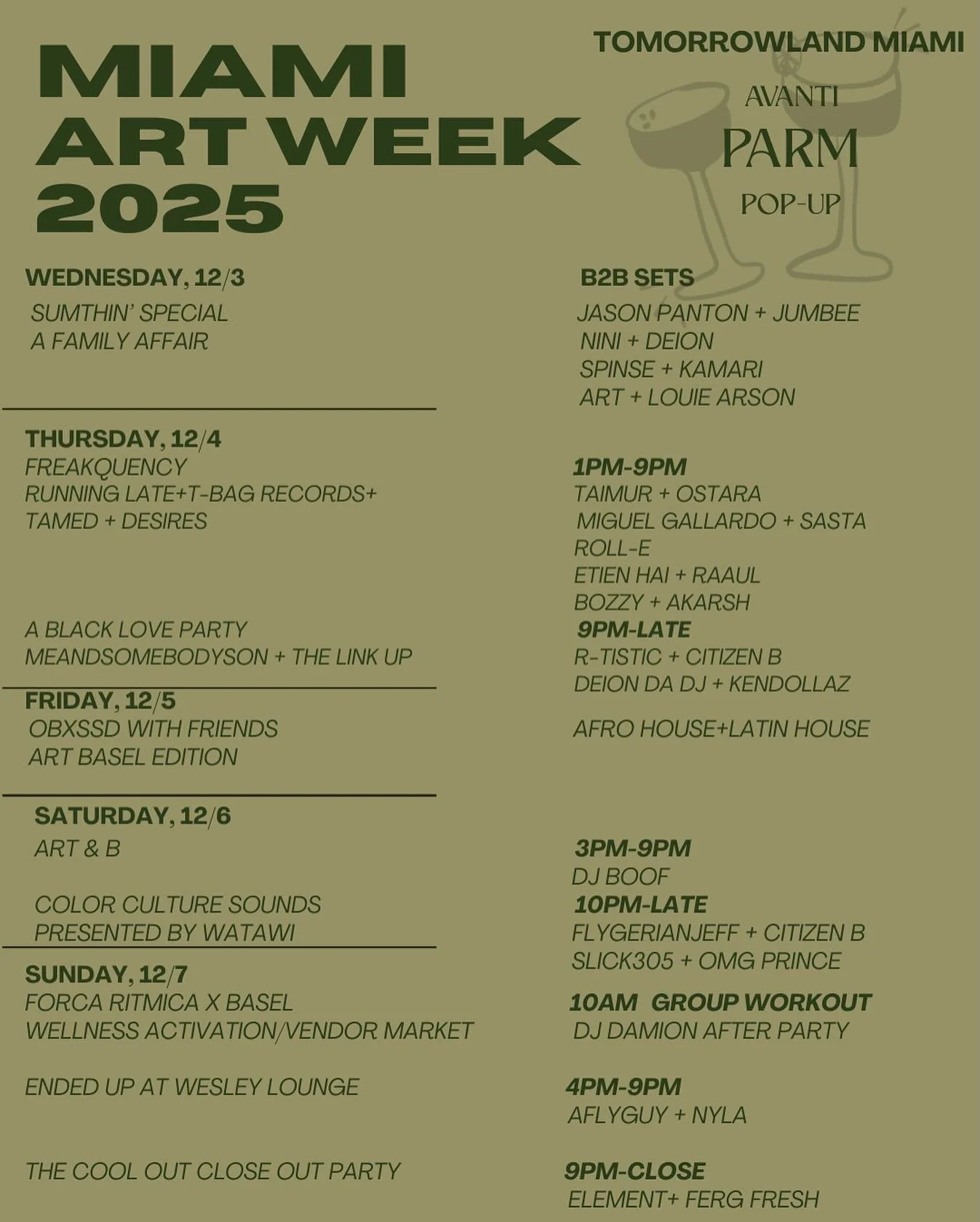 MIAMI ART WEEK 2025 🎨

Tucked into a nostalgic corner in the middle of it all, Tomorrowland brings you a curated week of art, music, cocktails, and food you won&rsquo;t want to miss.