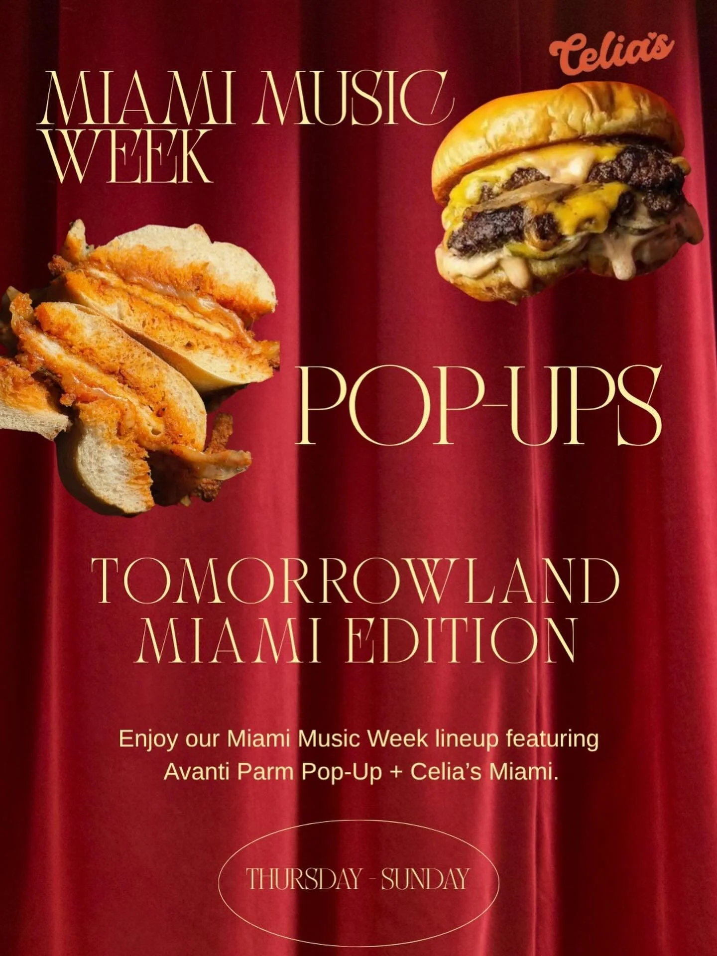 Come for the music, stay for some bites. Miami Music Week is here featuring flavors from our Avanti Parm Pop Up + @celiasmiami 
🍝🍔 Thursday - Sunday at Tomorrowland Miami.