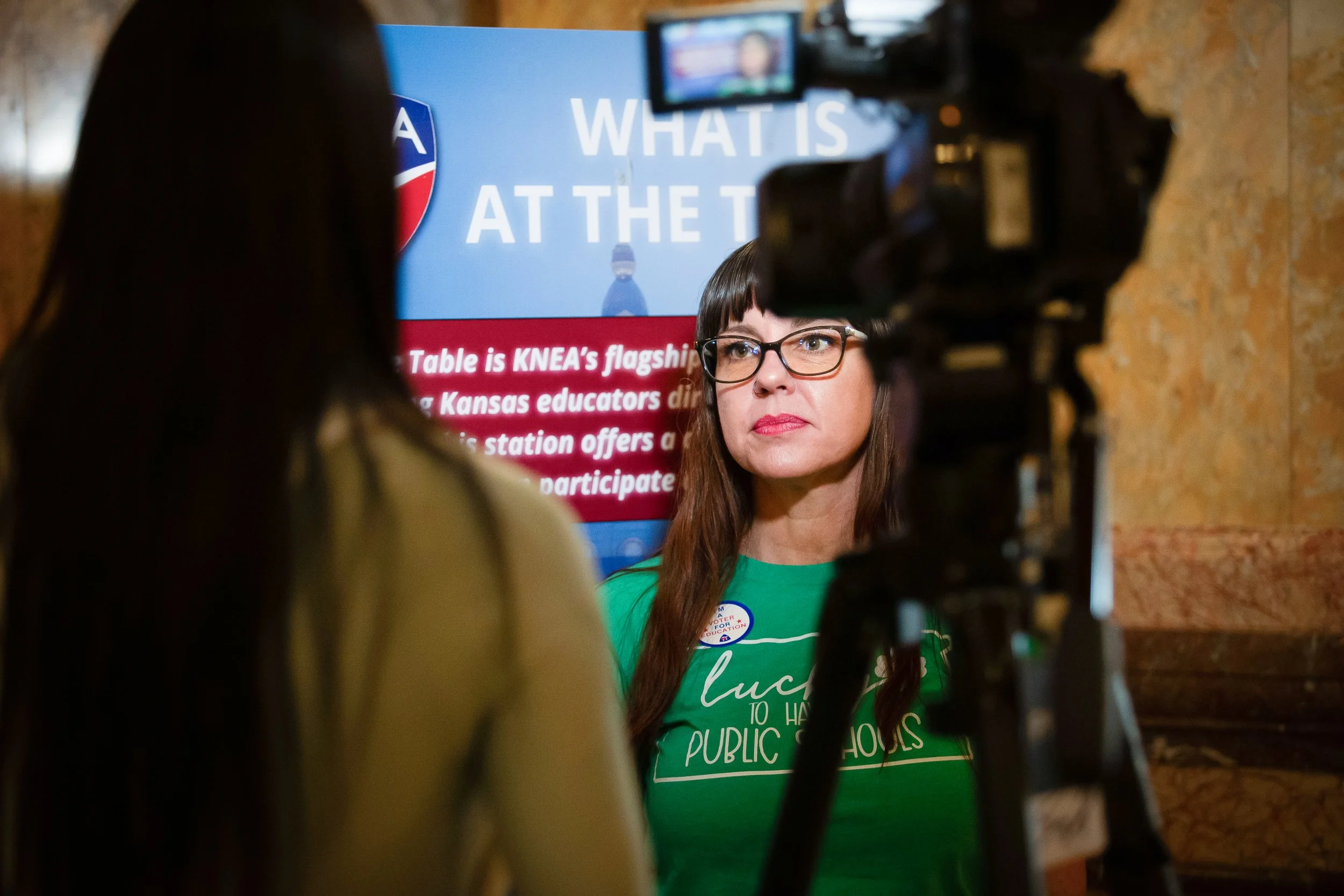   PHOTO COURTESY OF ANTHONY BUSH    Angie Powers, Olathe NEA, was interviewed by KSNT Channel 27.  