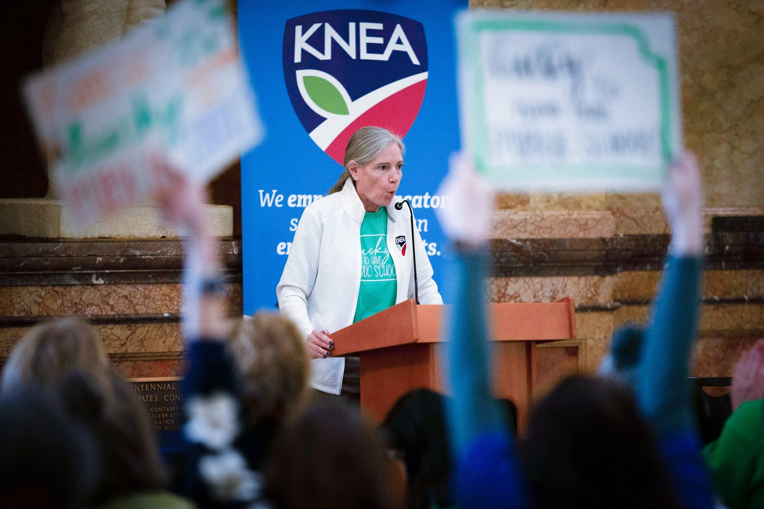  P HOTO COURTESY OF ANTHONY BUSH    KNEA President Sherri Schwanz was one of several speakers at the Lucky to Have Kansas Public Schools Rally on Tuesday, March 17, at the Kansas Statehouse in Topeka.  