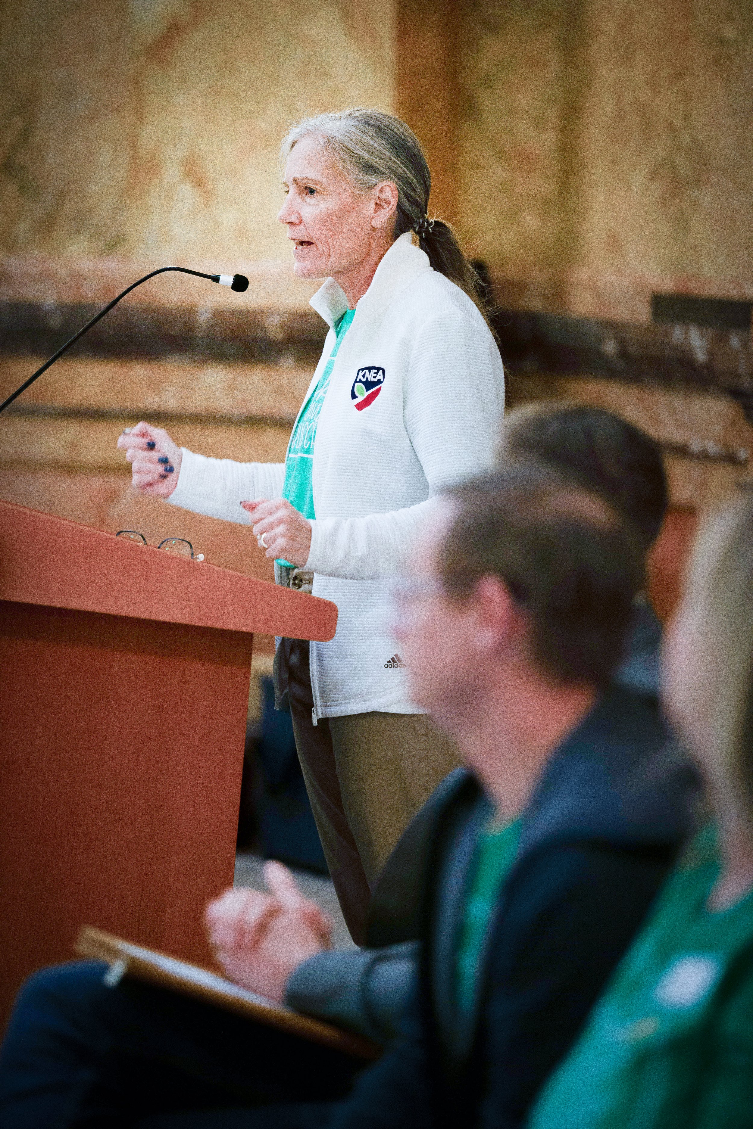   PHOTO COURTESY OF ANTHONY BUSH    KNEA President Sherri Schwanz was one of several speakers at the Lucky to Have Kansas Public Schools Rally on Tuesday, March 17, at the Kansas Statehouse in Topeka.  