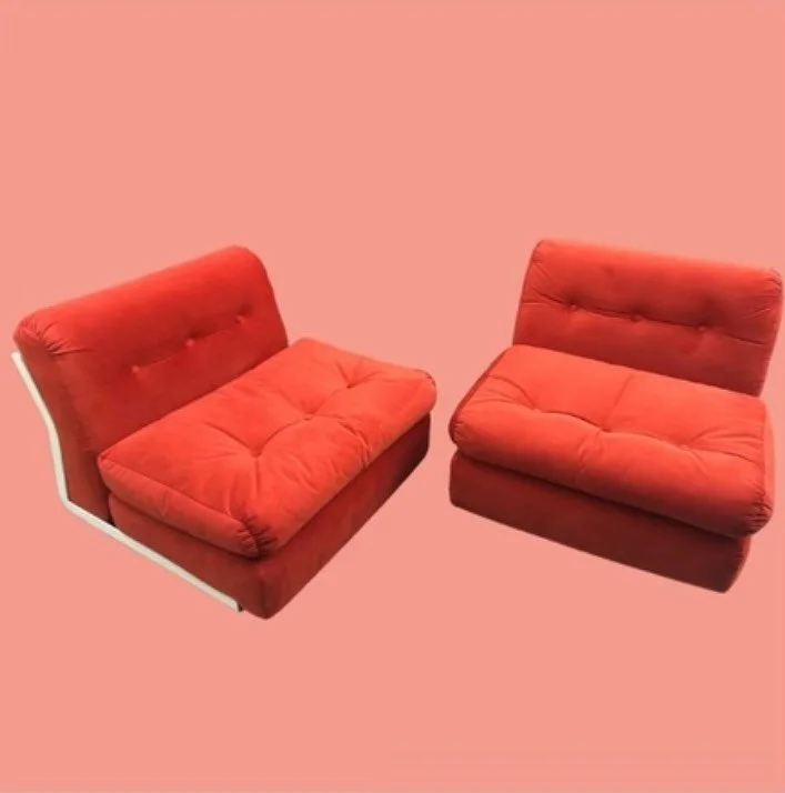 IN THE SHOP: Pair of Amanta Chairs by Mario Bellini for C&amp;B Italia. These babies were manufactured in the golden era of Italian modernism, sometime between 1966-1973. The chairs have an off-white fiberglass frame and newly reupholstered burnt ora