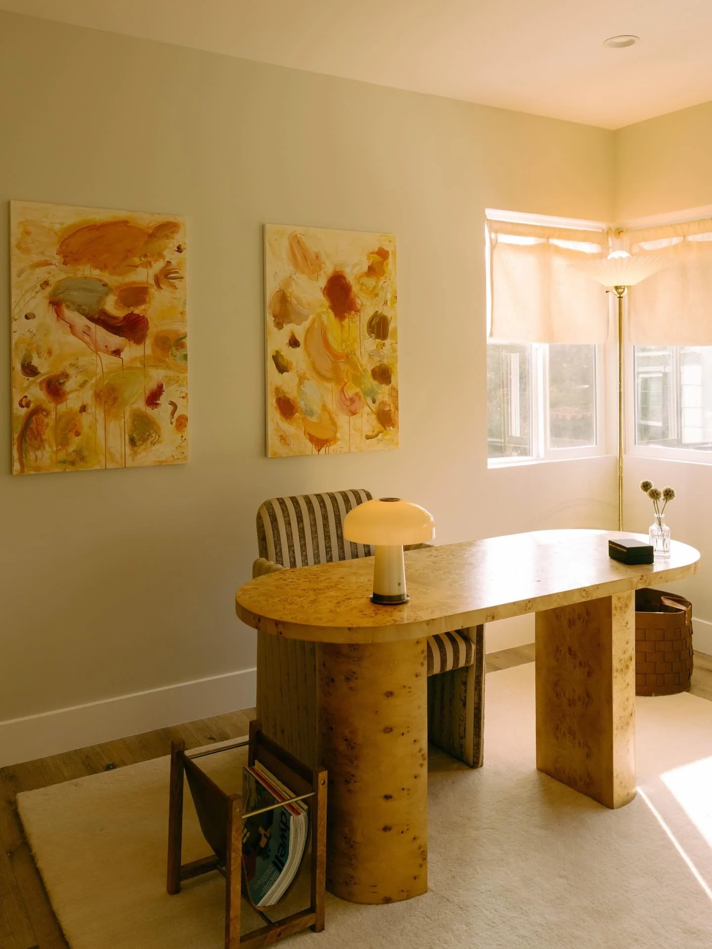 Textural minimalism was the goal for Dani&rsquo;s serene and clutter-free home office: vintage seating, custom window treatments (ehemmm hand sewn by me I might add), and a palette that felt exact like her. And when you luck out with natural light li