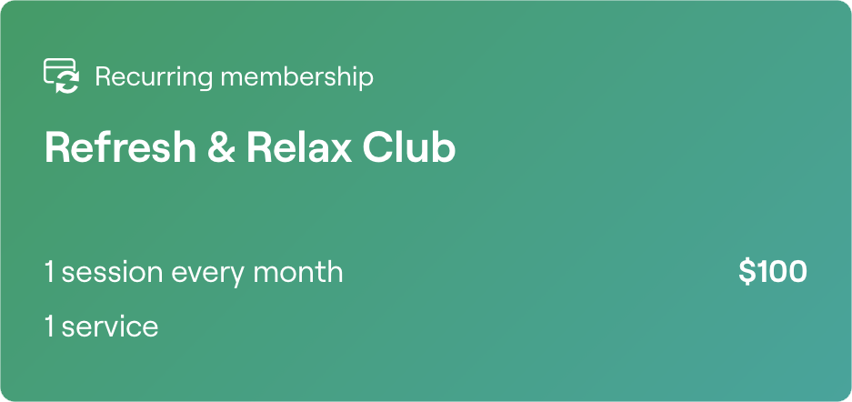 A promotional graphic for a membership called Refresh & Relax Club, offering one session every month for $100.