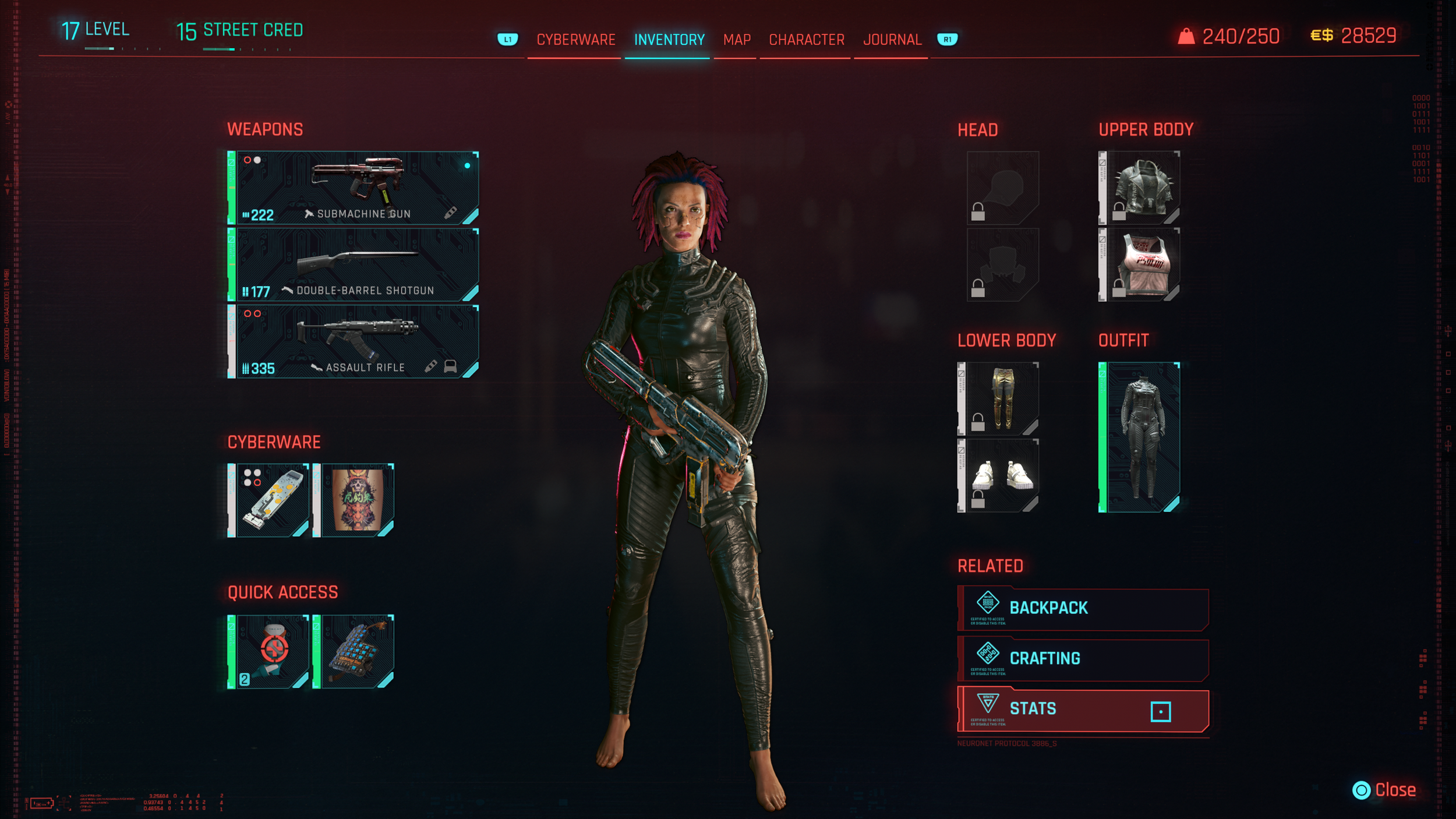 Core Stats like Health and Armour are buried within Inventory