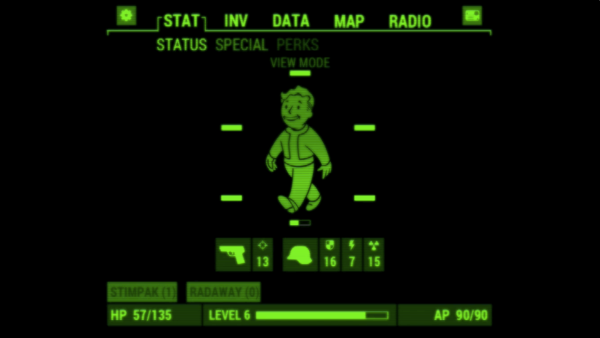 Fallout 4's pip-boy menu shows Stats like total health, armour, stamina, damage, and level on the first screen which is easily accessible and not hidden behind Inventory or any other tab