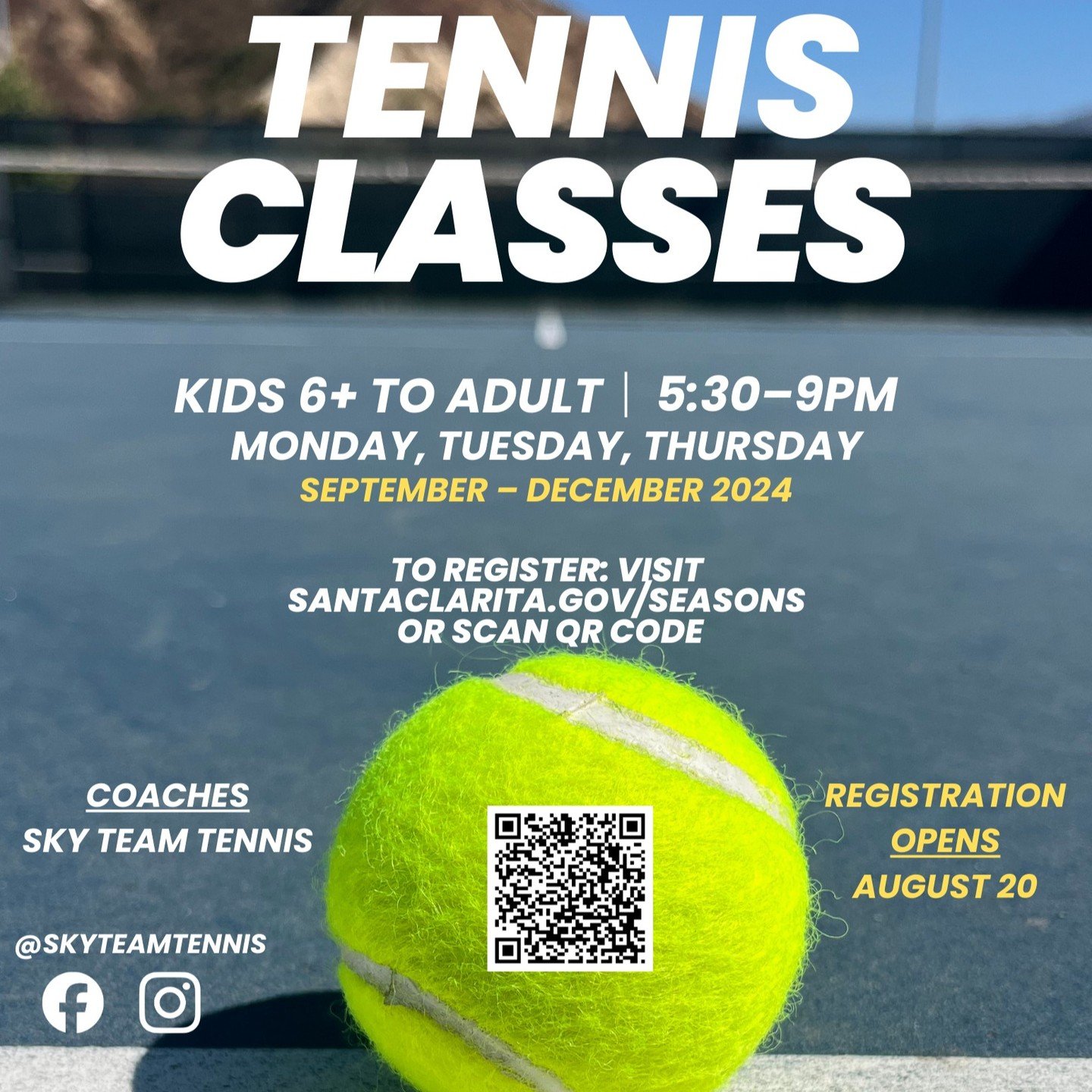 Registration for Fall season tennis classes at Vista Canyon Park in Santa Clarita, CA opens August 20th!