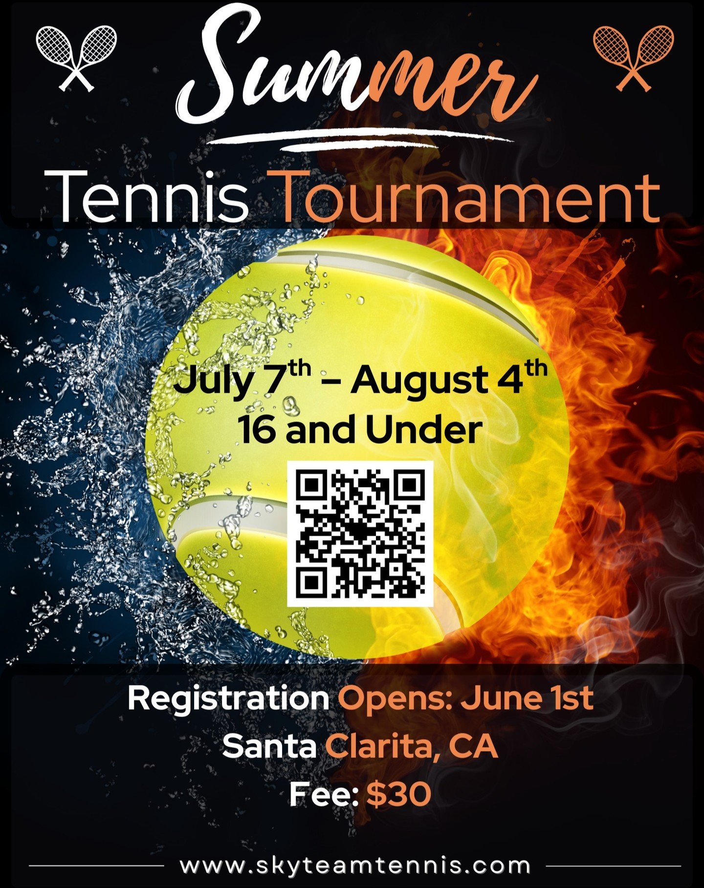 Register for our Citywide Summer Tennis Tournament in Santa Clarita, CA! Registration opens June 1st. Tournament begins July 7th! Prizes are given to the top finishers.

We have three tournaments available: 
16U Men
16U Women
12U (green dot ball)

Sc