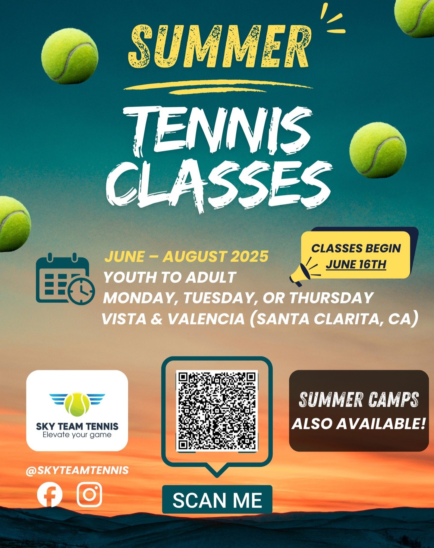 Our summer classes and camps are OPEN for registration in Santa Clarita, CA! Scan the QR or visit our website (www.skyteamtennis.com) for more details!