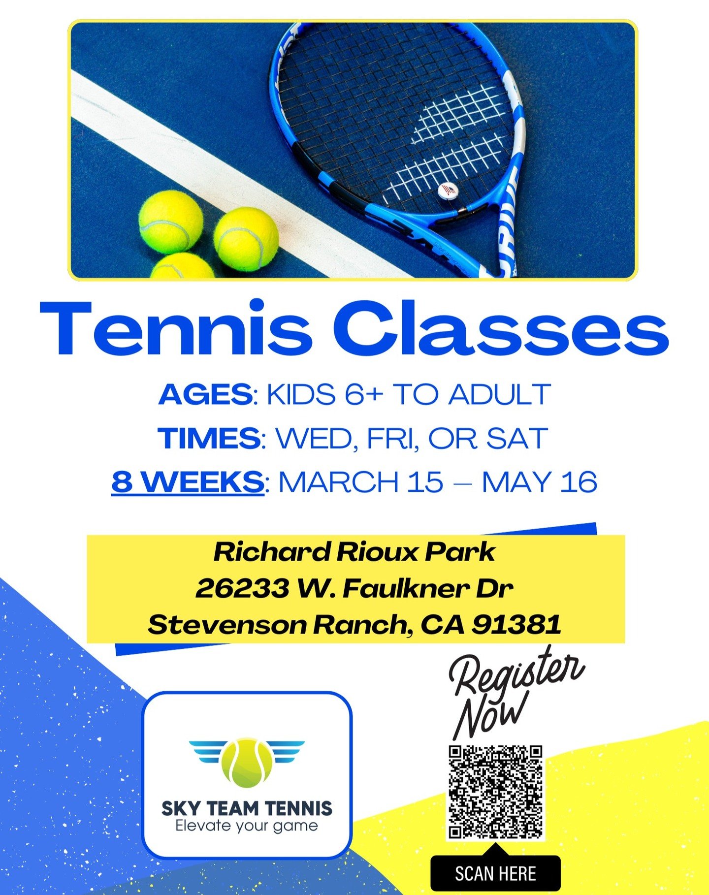 Check out our new Spring tennis classes at Richard Rioux Park in Stevenson Ranch! Scan the QR or visit our website for more details on the classes.

Registration is OPEN and classes begin March 15th!