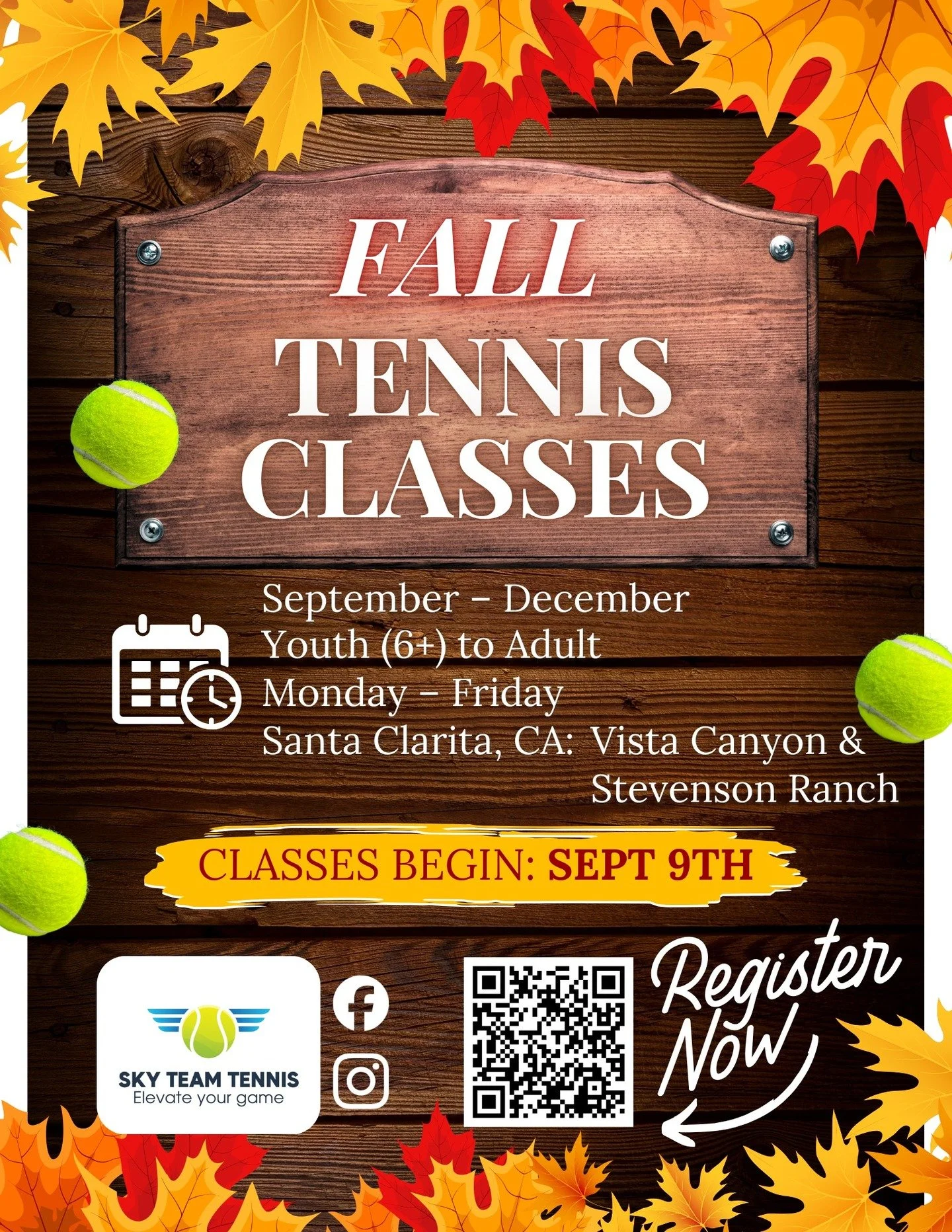 Don't miss out on tennis this Fall season! 🍁 Check out our classes in Santa Clarita, CA! 🎾 www.skyteamtennis.com