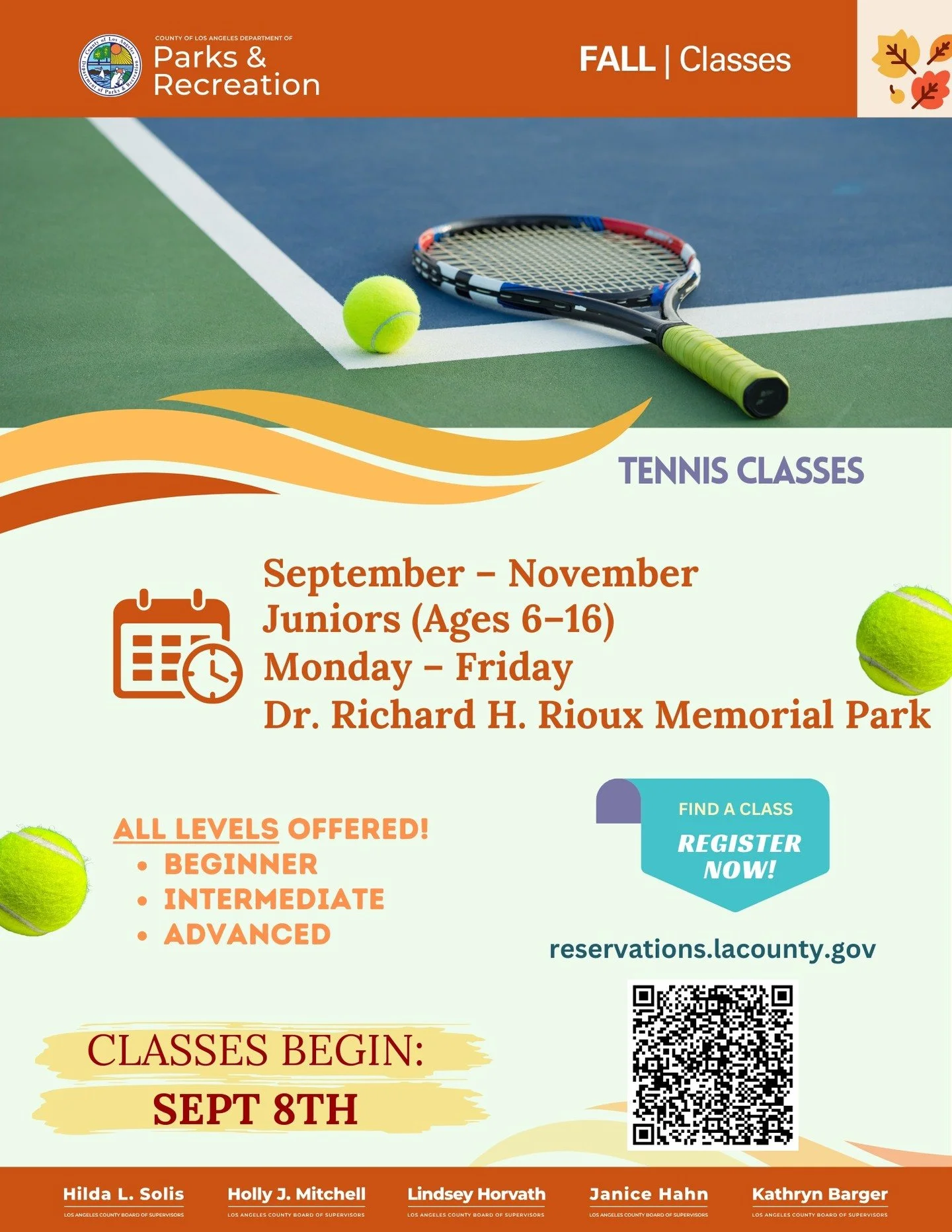 Check out our Fall tennis classes at Dr. Richard Rioux Park in Stevenson Ranch! Classes begin next week!