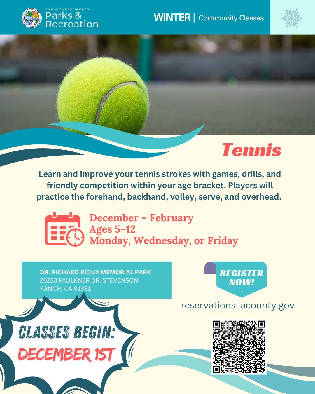 Keep improving your tennis game this Winter! Registration is open for classes in Stevenson Ranch &ndash; classes begin Dec 1st!