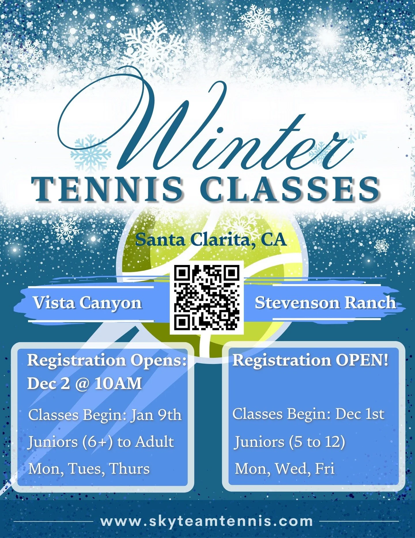 Check out our Winter season tennis classes at Vista Canyon and Stevenson Ranch 🎾! Classes begin soon! www.skyteamtennis.com