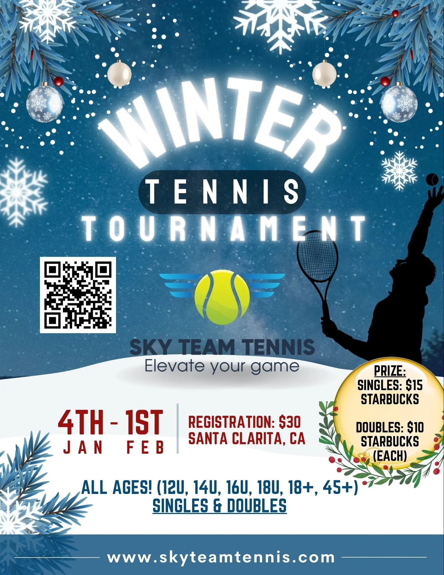 Join us for our Winter Tennis Tournament beginning January 4th! Open to all players. Matches will be played in Santa Clarita and Sylmar. More details can be found on our tournament webpage and at registration.