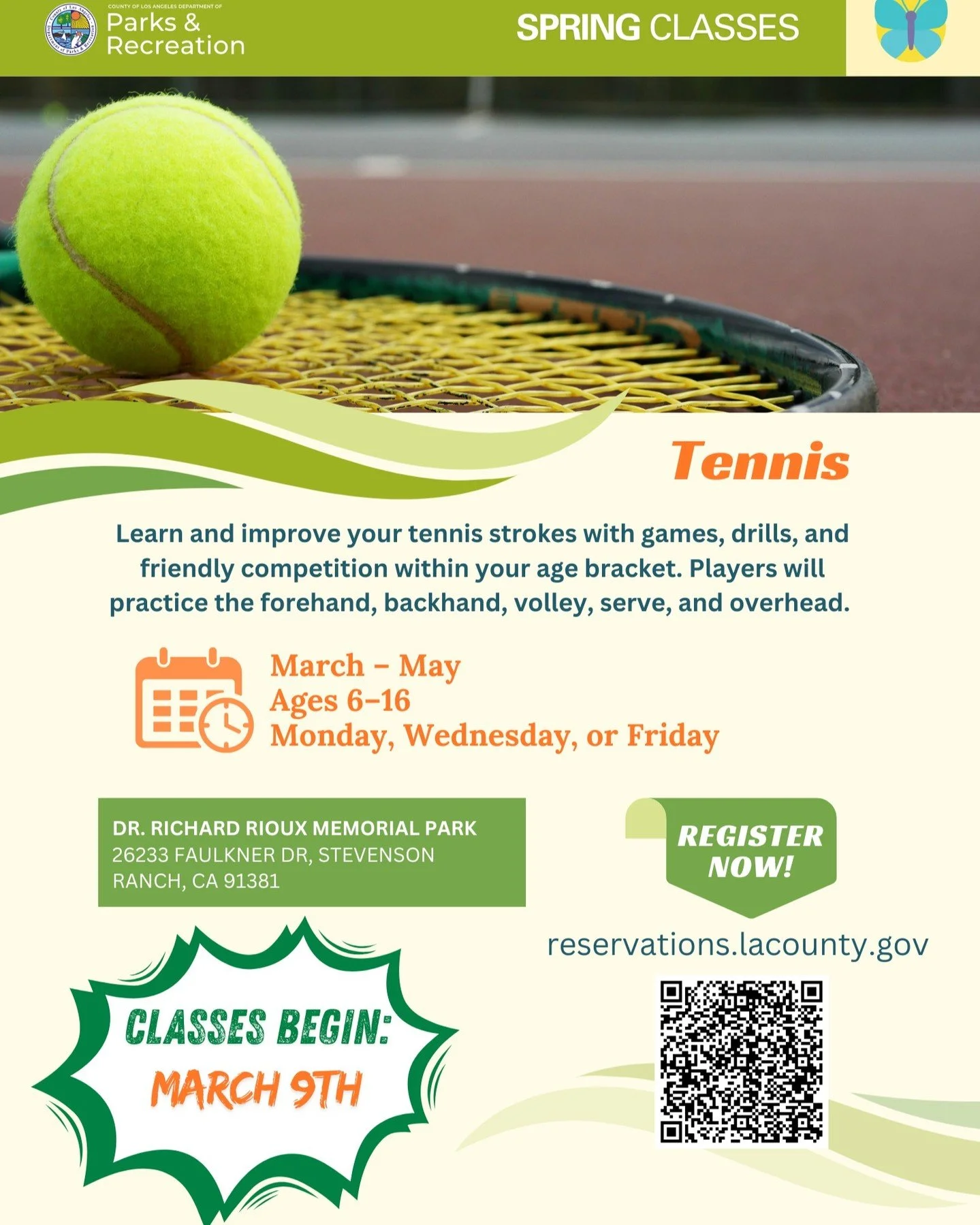 Spring Season is here! County tennis classes begin next week (March 9th) at Dr. Richard Rioux Park! Come check us out! 🎾