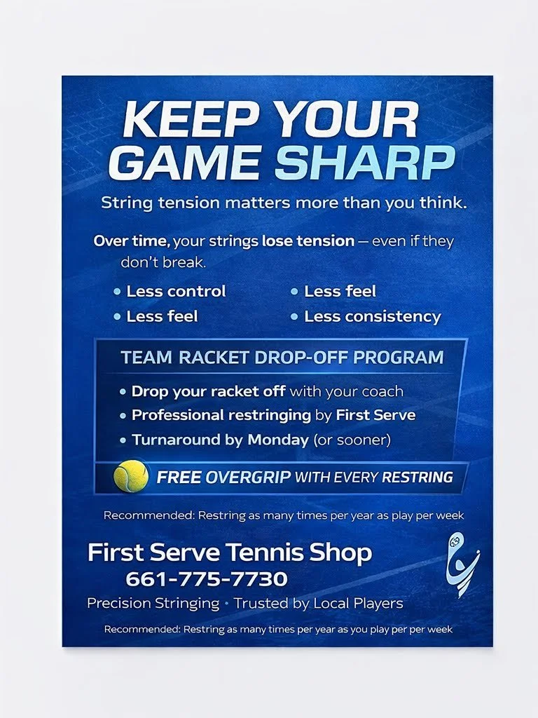 Get a free overgrip with every restring at the First Serve tennis shop here in Valencia, CA! Just show this flyer. 

For those looking for new and/or used rackets, they have those available as well!