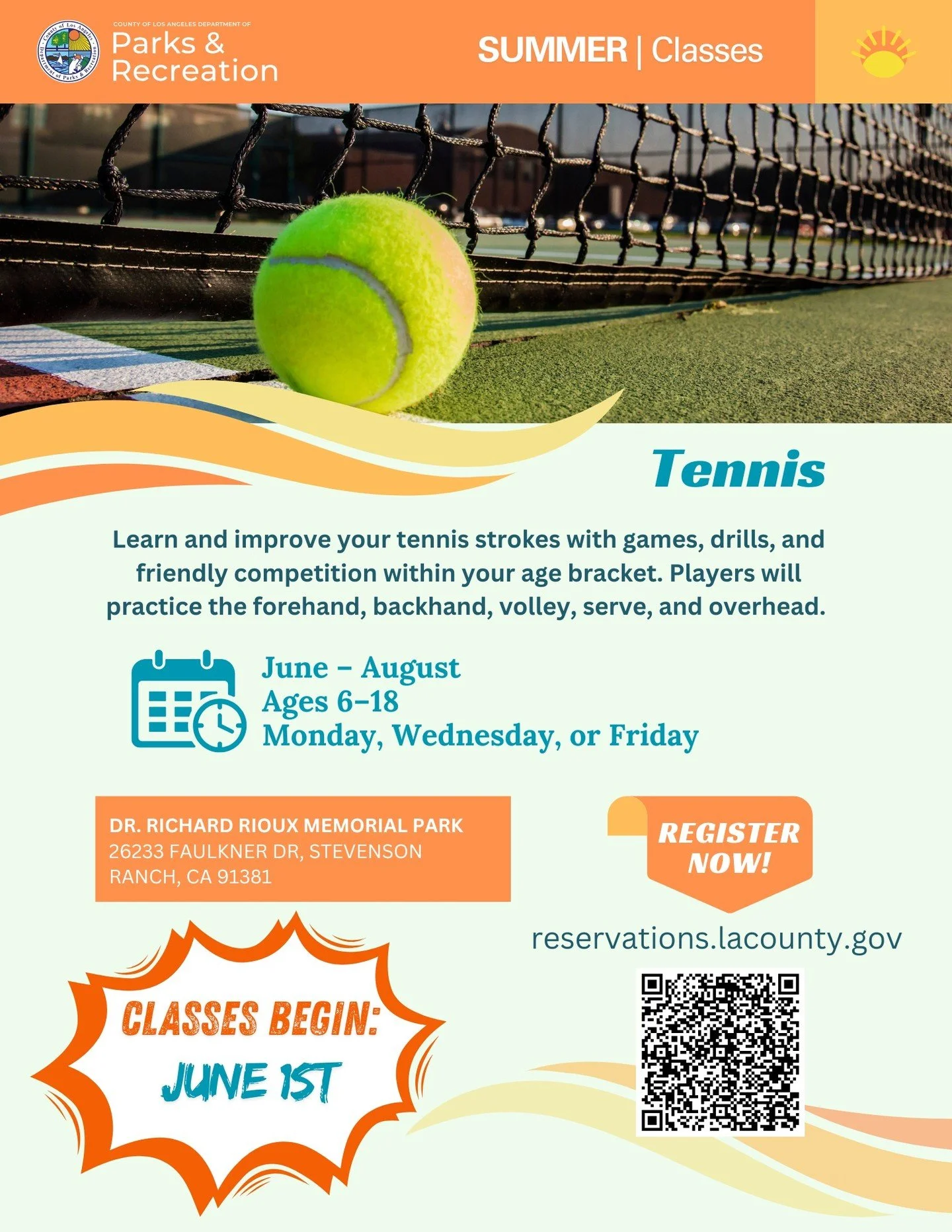 Summer season is starting soon! Check out our tennis classes at Dr. Richard Rioux Park! Classes begin June 1st!