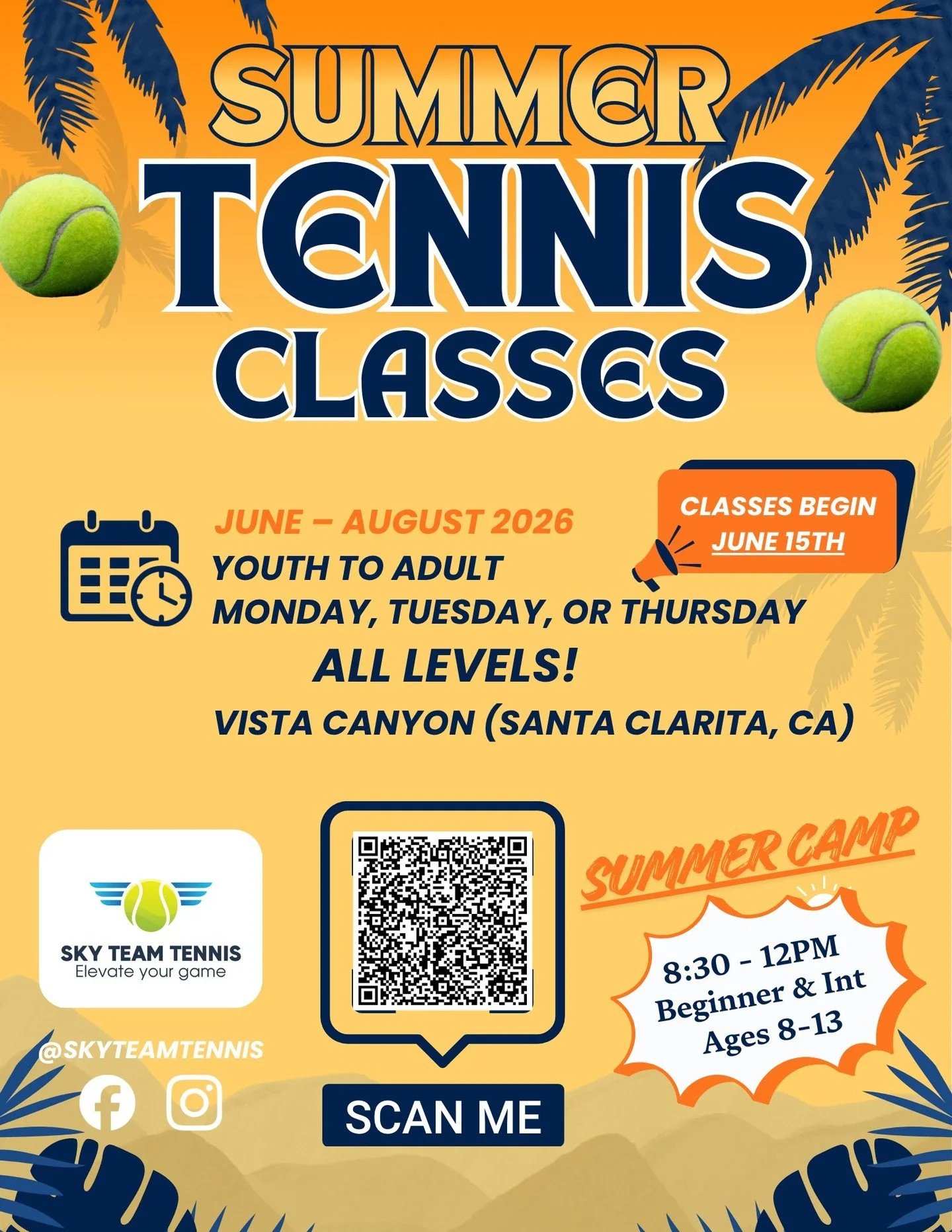 Check out our tennis classes for Summer 2026! We also have a few weeks of camp available for beginner / intermediate players! Classes are offered through the City of Santa Clarita.