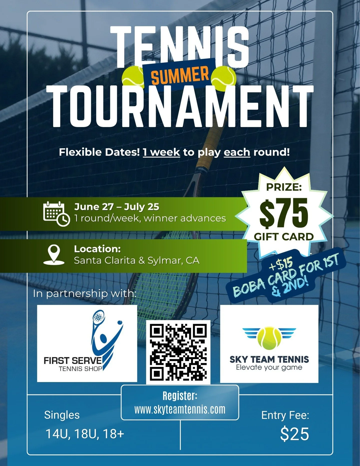 We are excited to announce our 2026 Summer Tennis Tournament will begin on Saturday, June 27th! In partnership with the First Serve Tennis Shop (@firstservetennisvalencia) at the Paseo Club, we will be offering a $75 gift card to their shop for 1st a