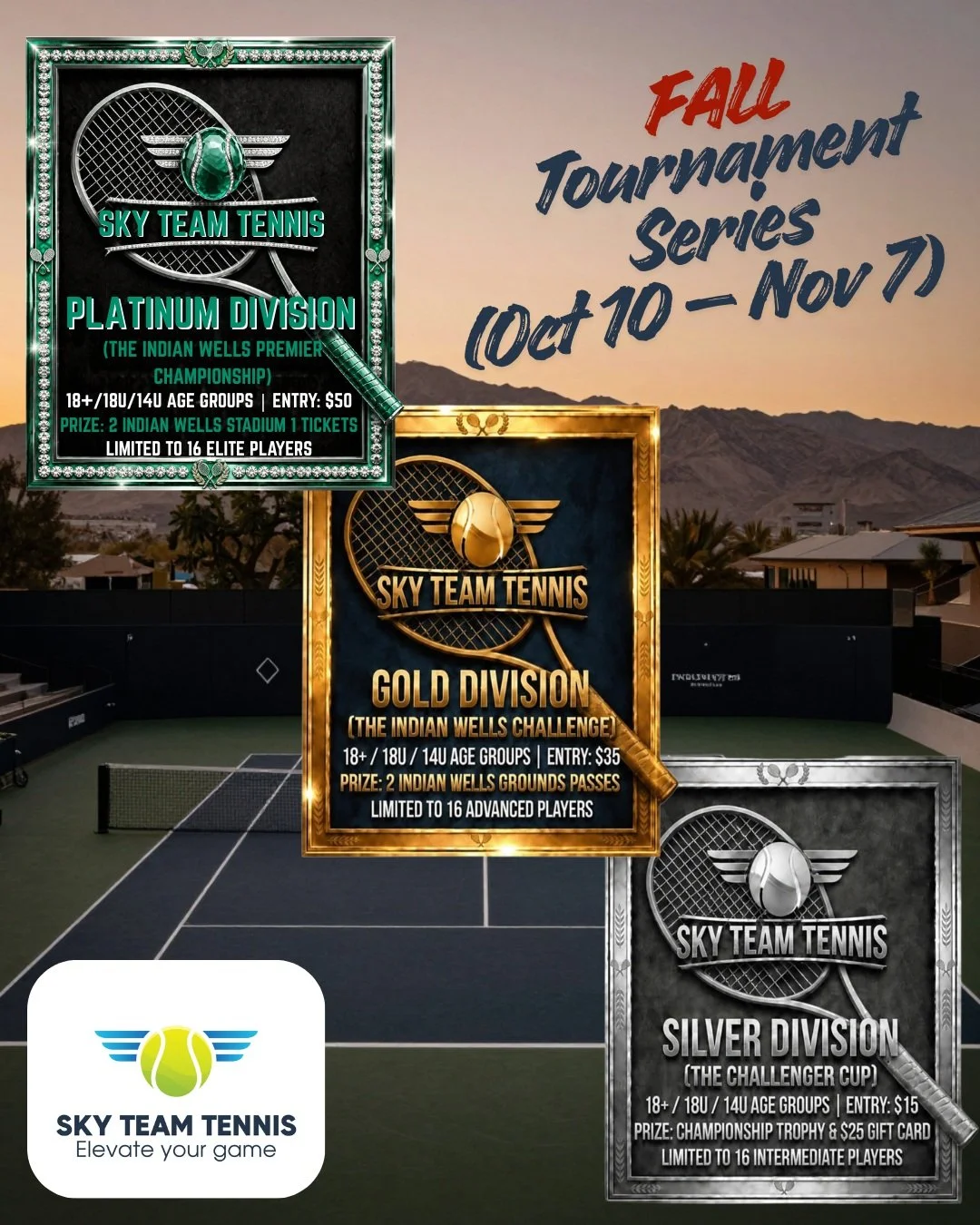 Check out our Fall Tennis Tournament Series! We have 3 divisions: Platinum (Elite), Gold (Advanced), and Silver (Intermediate). Top tier prizes include tickets to 2027 Indian Wells 🏆! Register by October 9th on our website to compete!