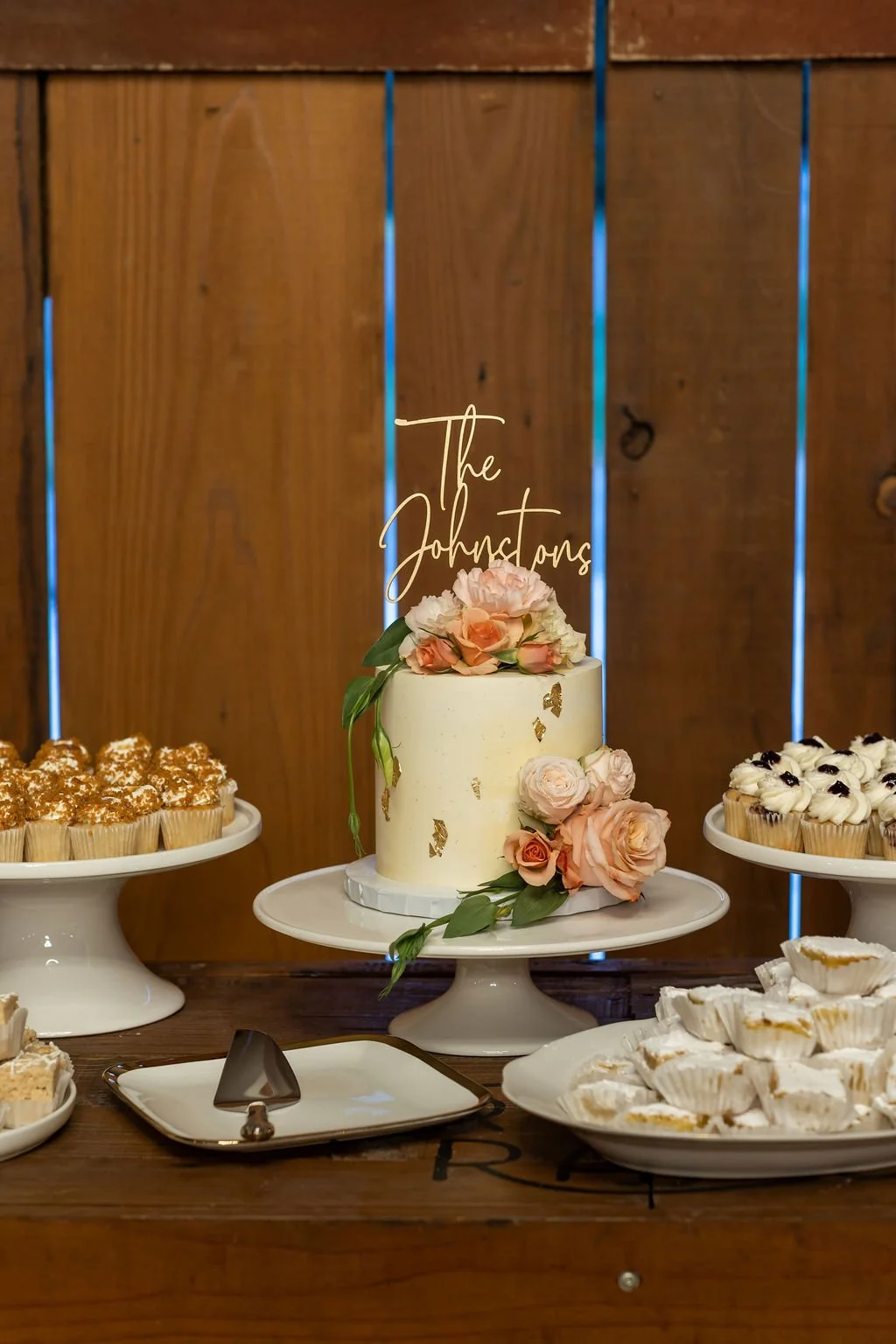 Wedding cake and dessert bar by Just Baked at Tar Creek Ranch
