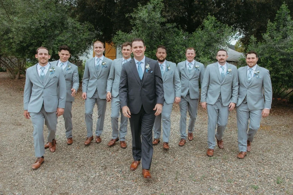 Groom and groomsmen in gray suits at a San Luis Obispo County ranch wedding