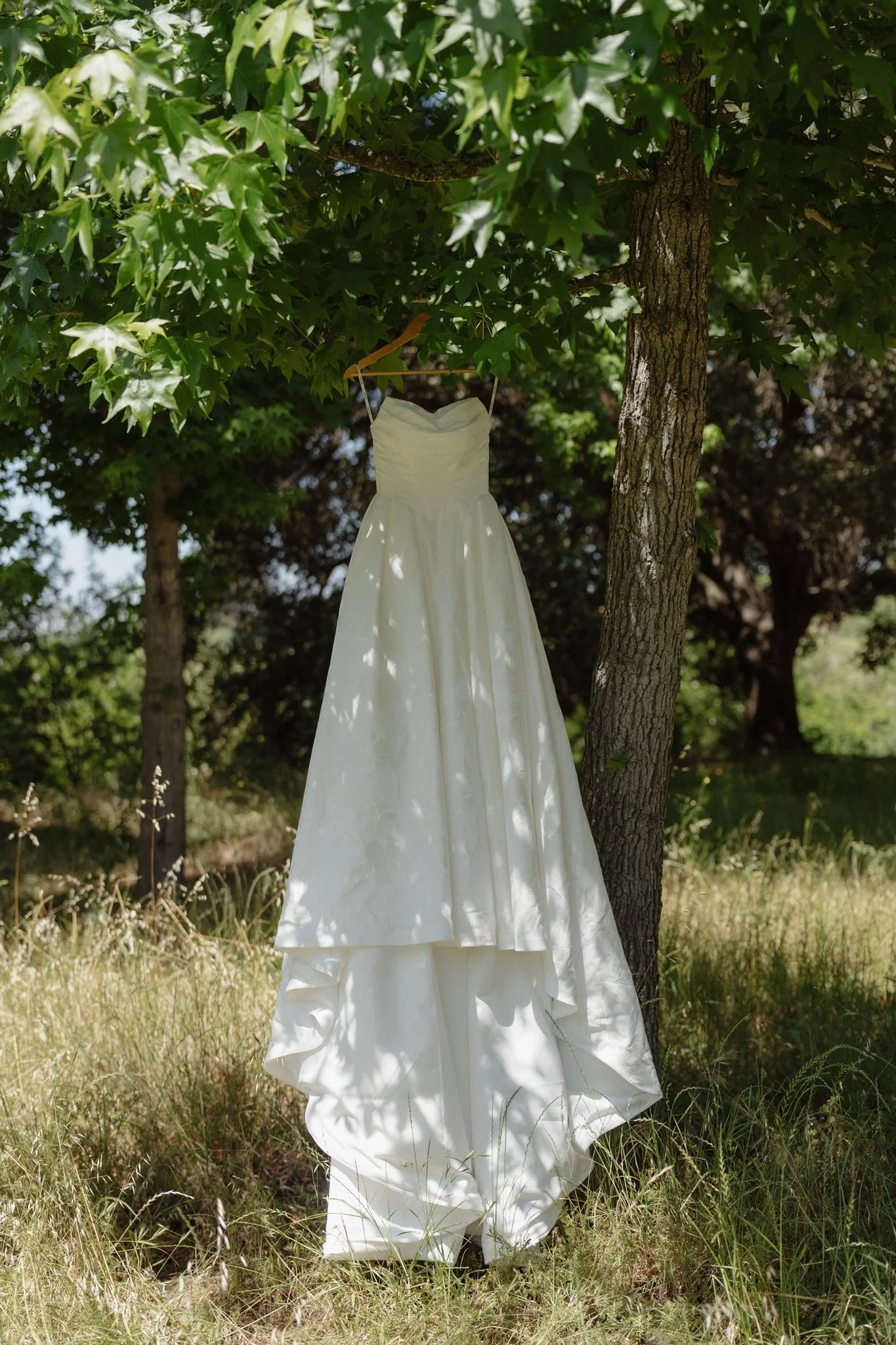 Hannah's wedding dress hanging beneath a tree at Tar Creek Ranch