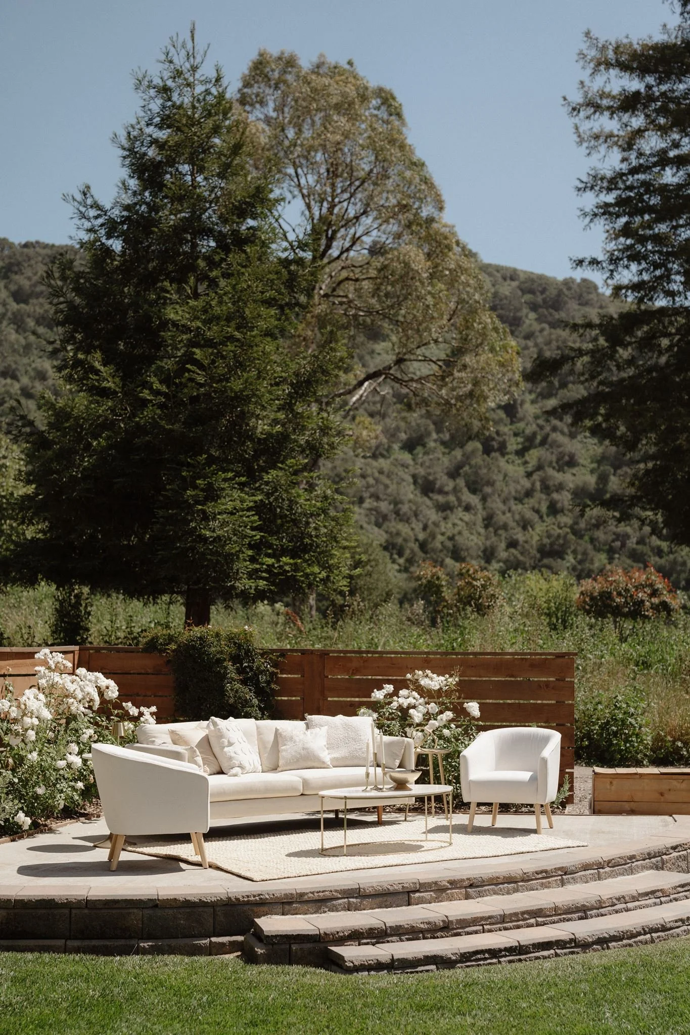 Elegant outdoor wedding lounge in the Garden at Tar Creek Ranch