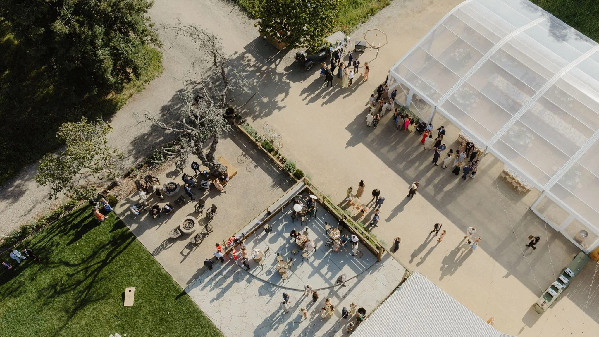Aerial view of a multi-space wedding at Tar Creek Ranch