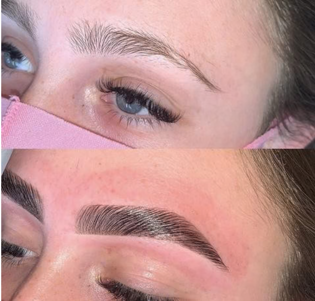 Close-up of a woman's face showing a before-and-after comparison of her eyebrows. The top image shows natural eyebrows, while the bottom image shows filled-in and shaped eyebrows, indicating tinted brows.
