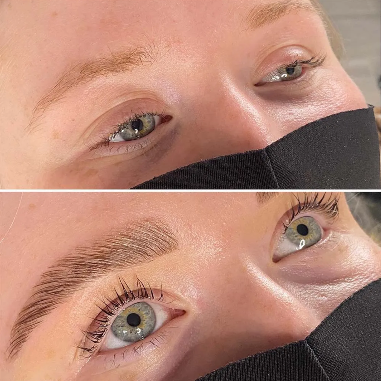 Close-up images of a person's eye before and after eyebrow lamination application, showing natural and enhanced eyebrows.