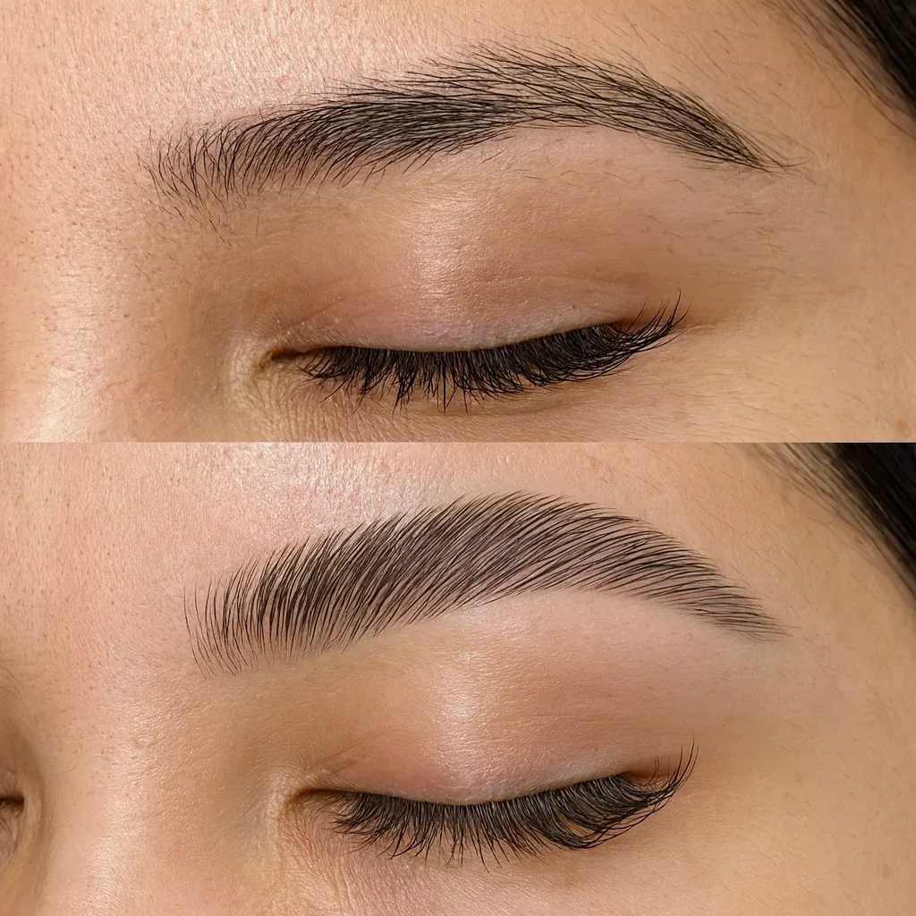 Close-up of a person's eye with before and after eyebrow lamination, showing natural and shaped eyebrows.
