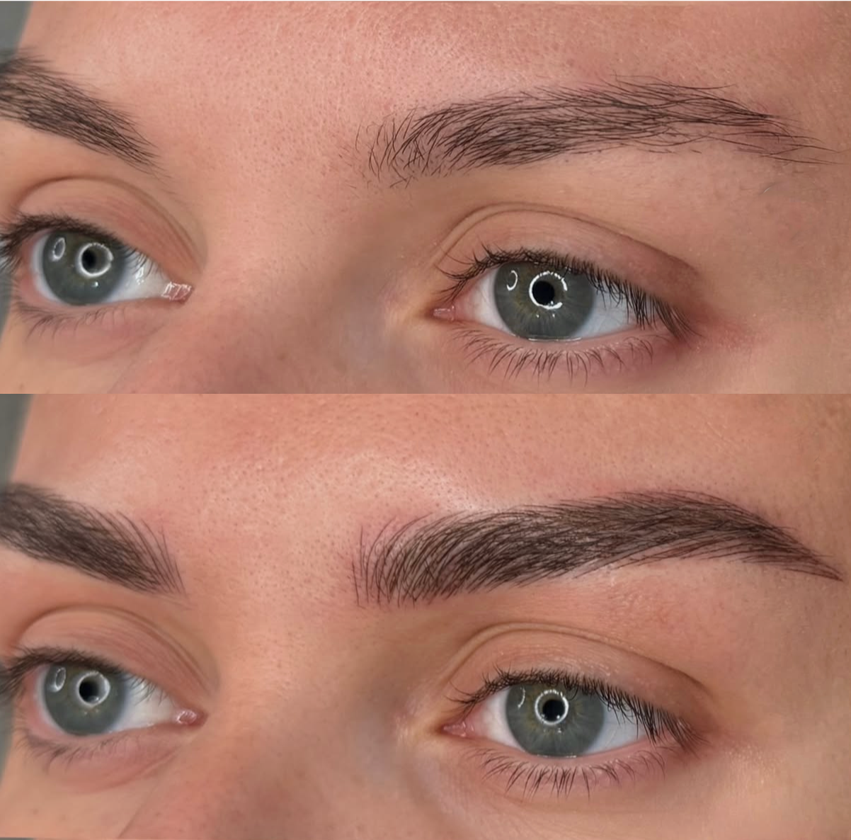Close-up of a person's eyes and eyebrows before and after eyebrow grooming or microblading. The top shows natural eyebrows, the bottom shows well-defined, groomed eyebrows.