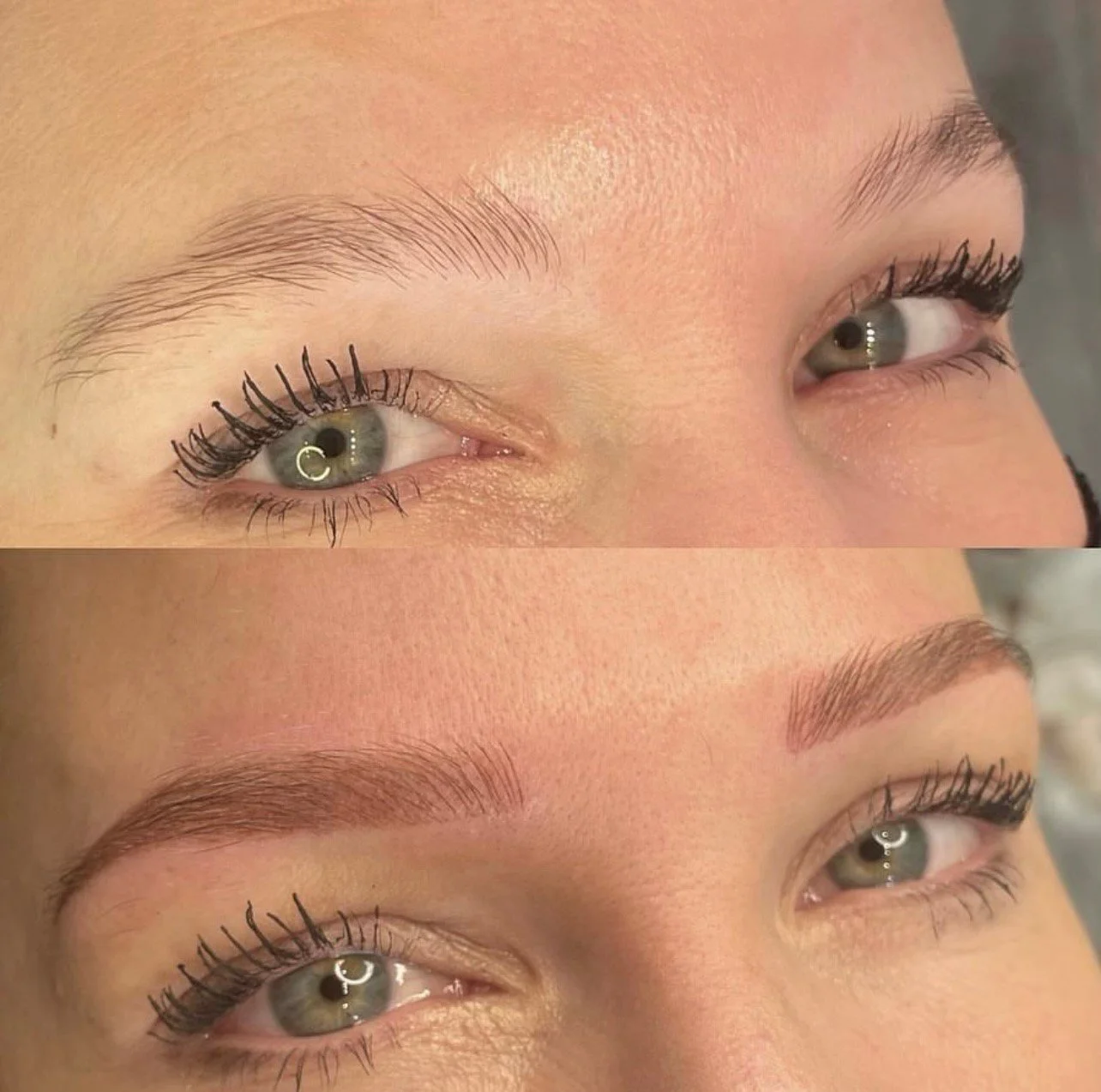 Comparison of a person's eye and eyebrow before and after cosmetic eyebrow microblading, showing the transformation from sparse to fuller eyebrows.