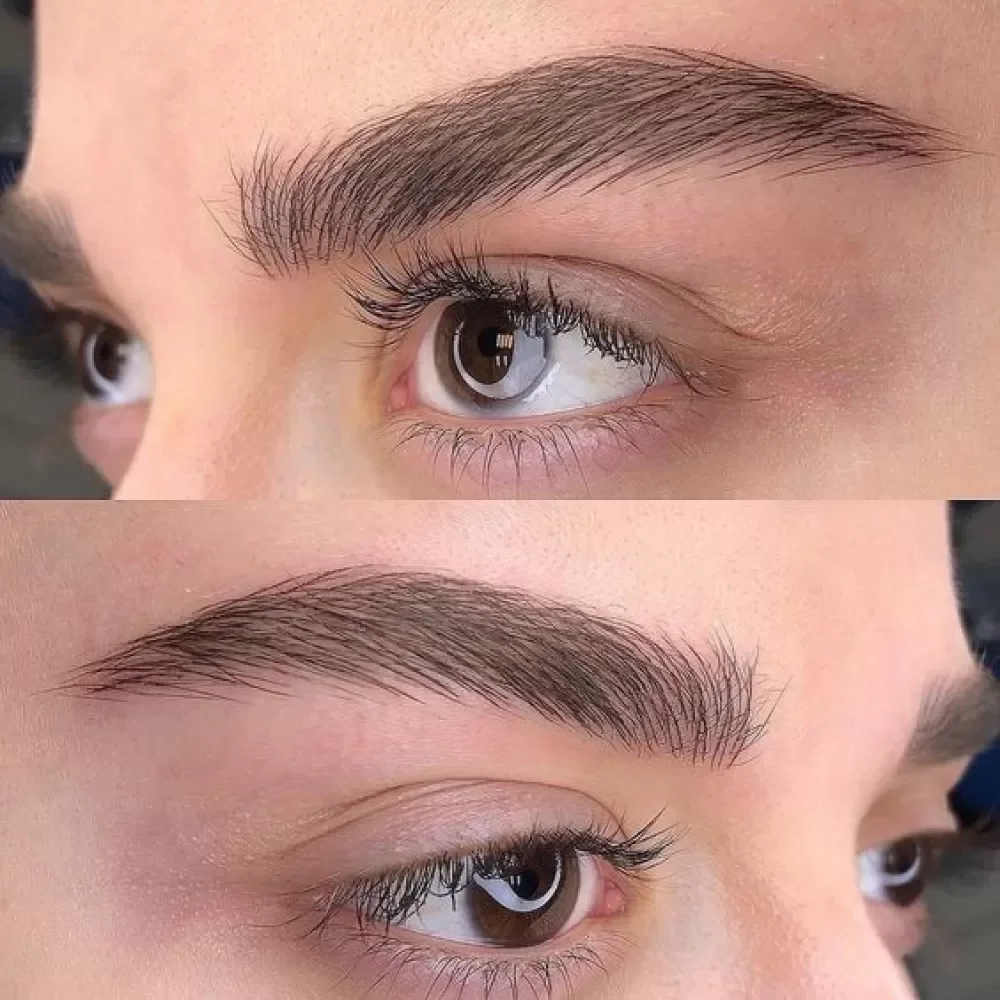 Close-up of a person's eyebrow and eye, showing natural makeup, with well-defined eyebrows and long eyelashes.