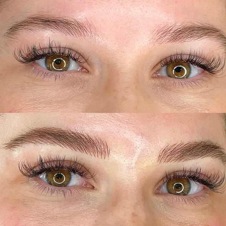 Close-up image showing before and after of eye makeup with long eyelashes and well-groomed eyebrows.