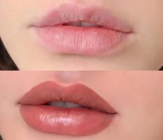 Close-up of a person's lips, showing a before and after comparison of lip makeup application.