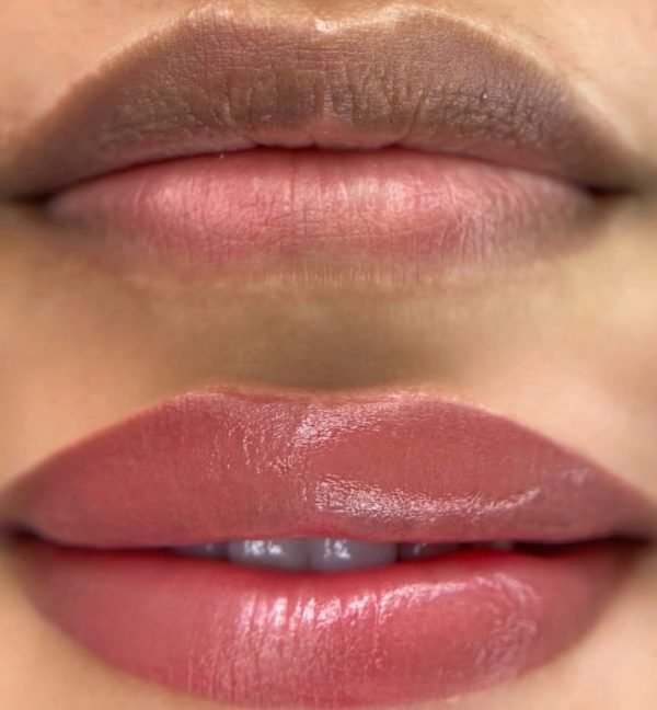Close-up of a person's lips with lip makeup, showing natural lips above and lips with shiny lipstick below.