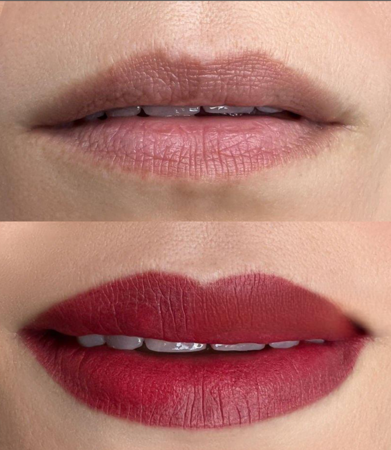 Close-up of lips. Before-and-after lip blush.